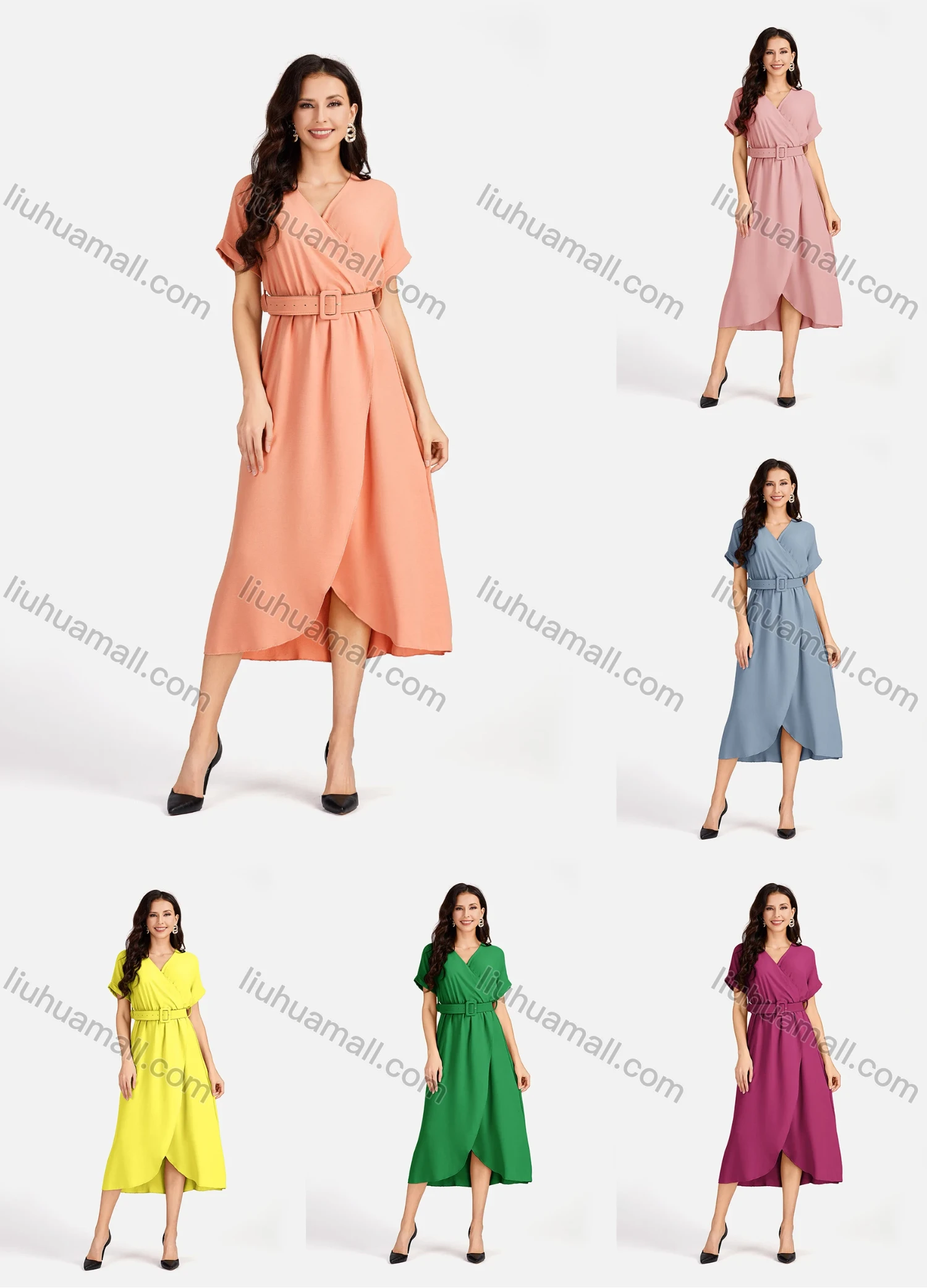 Wholesale Women's Casual Plain Wrap Short Sleeve Midi Dress With Belt EG-3436# - Liuhuamall