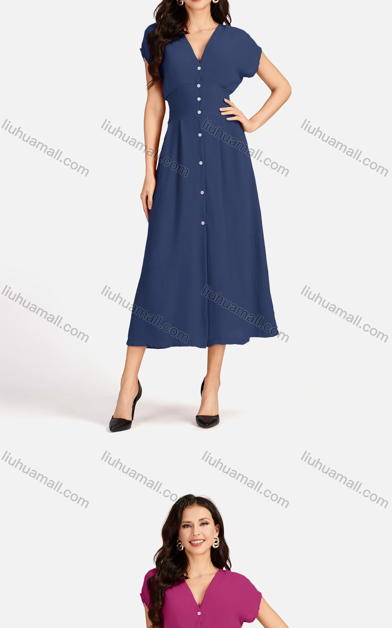 Wholesale Women's Casual Plain V Neck Button Down Short Sleeve Midi Dress EG-3526# - Liuhuamall