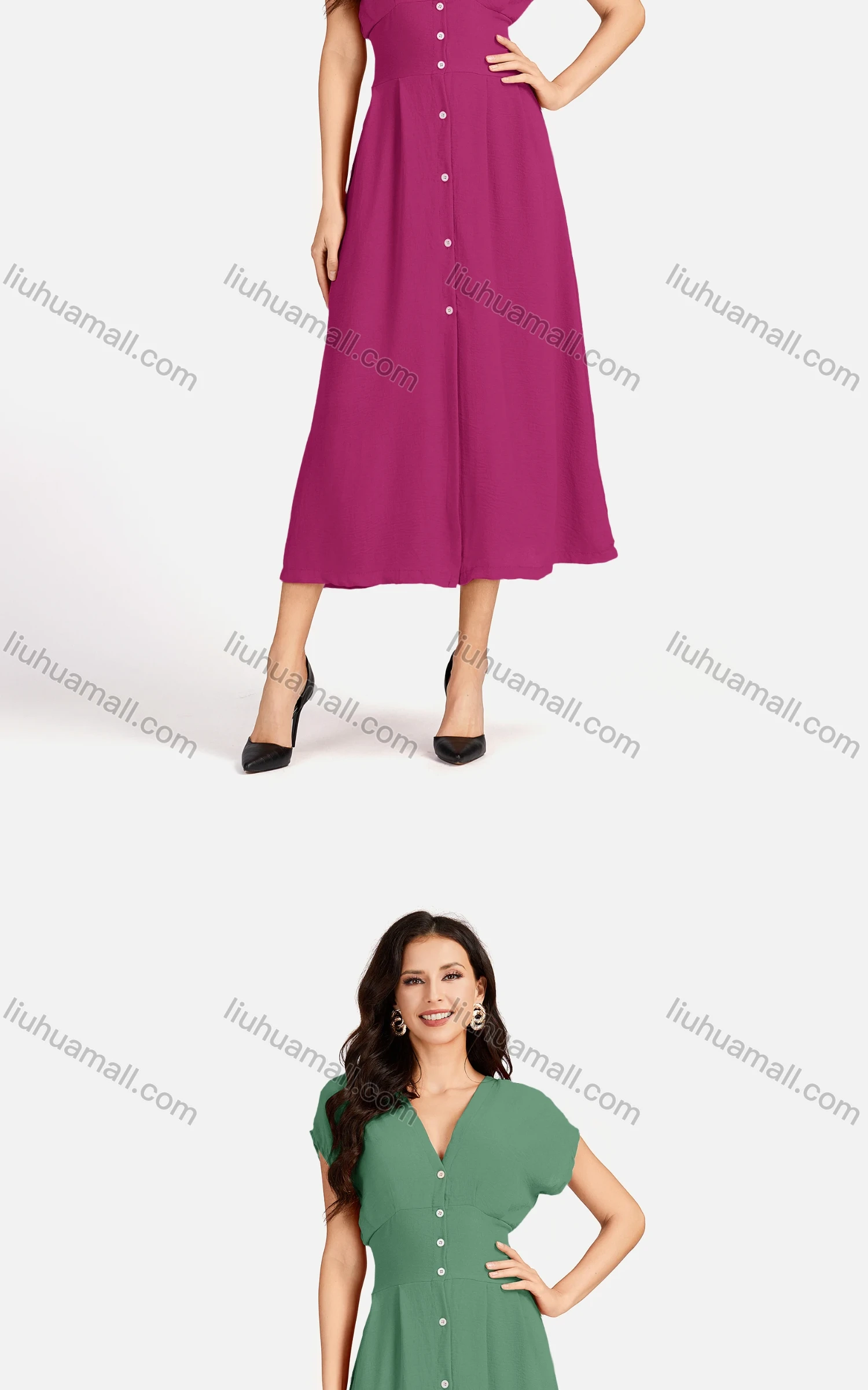 Wholesale Women's Casual Plain V Neck Button Down Short Sleeve Midi Dress EG-3526# - Liuhuamall