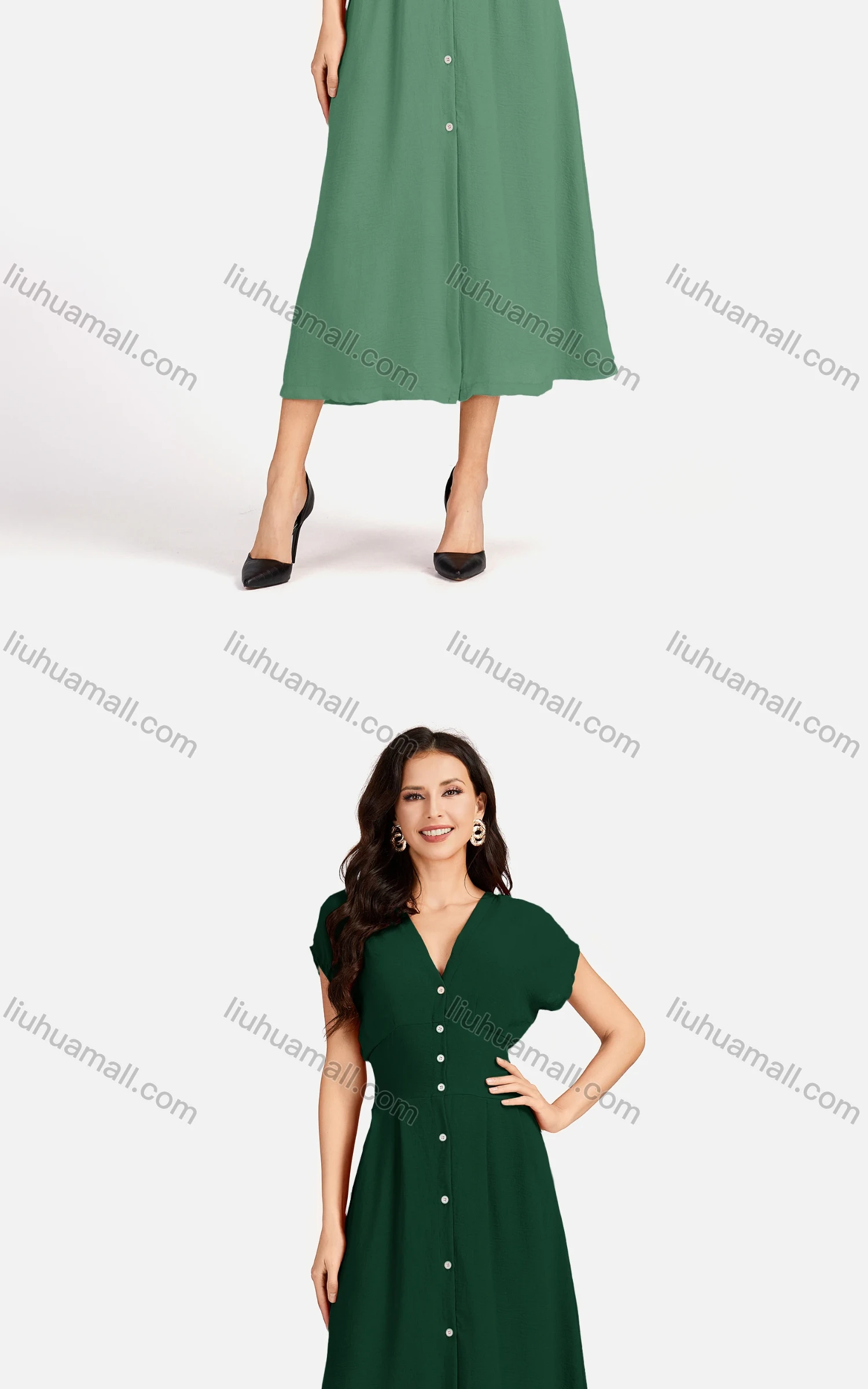 Wholesale Women's Casual Plain V Neck Button Down Short Sleeve Midi Dress EG-3526# - Liuhuamall