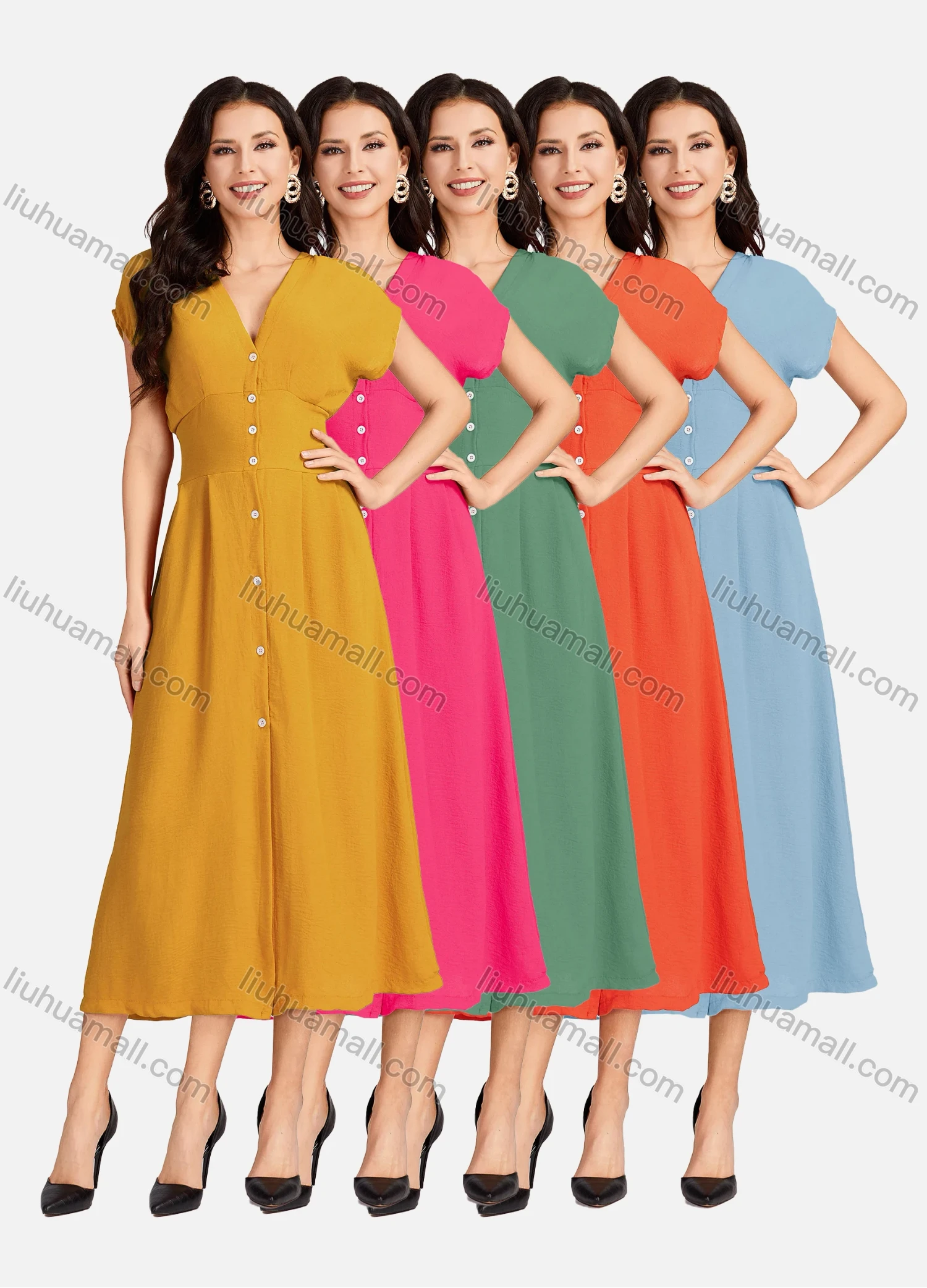 Wholesale Women's Casual Plain V Neck Button Down Short Sleeve Midi Dress EG-3526# - Liuhuamall