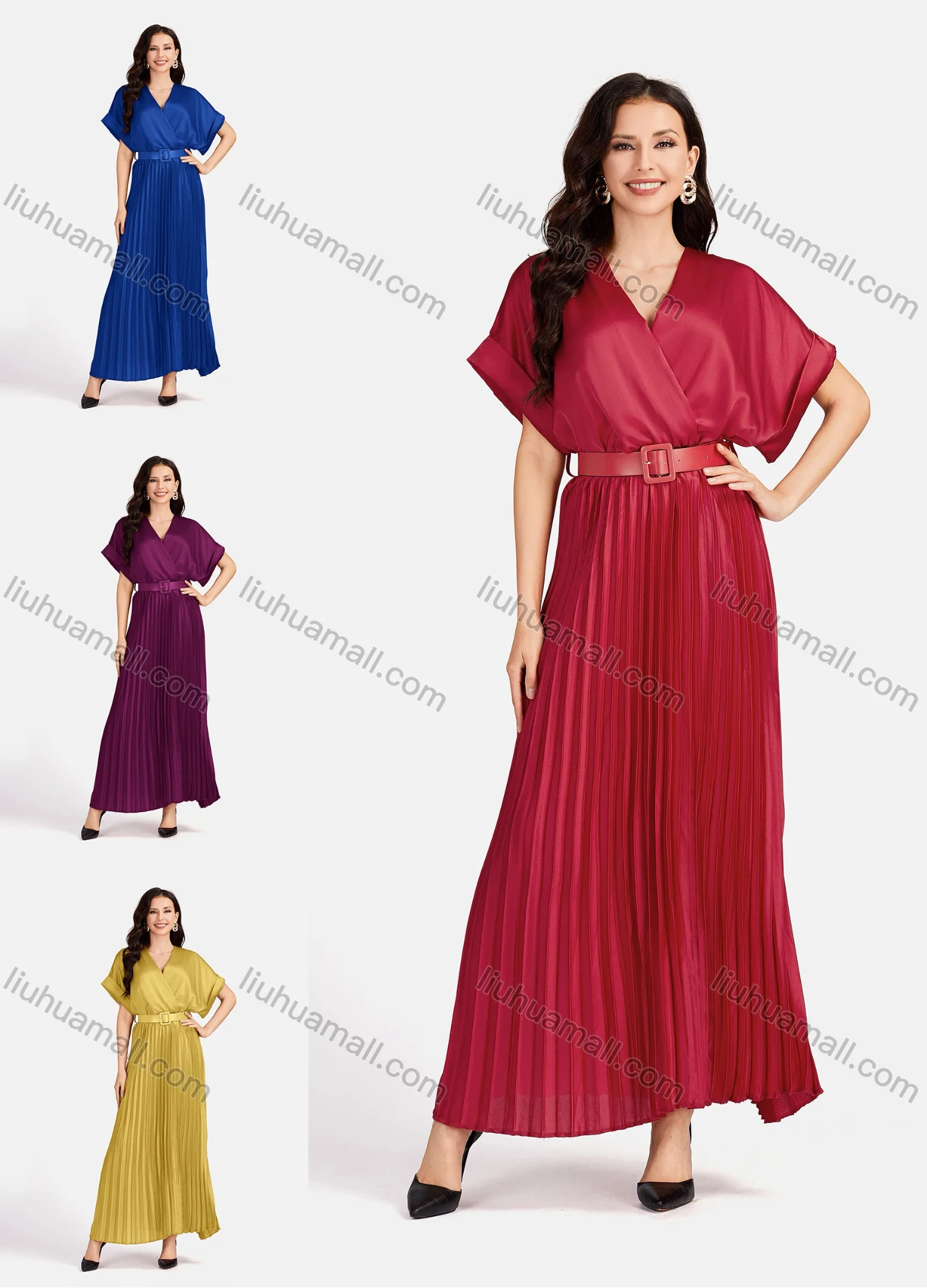 Wholesale Women's Casual Plain Wrap Short Sleeve Splicing Pleated Maxi Dress EG-3481# - Liuhuamall