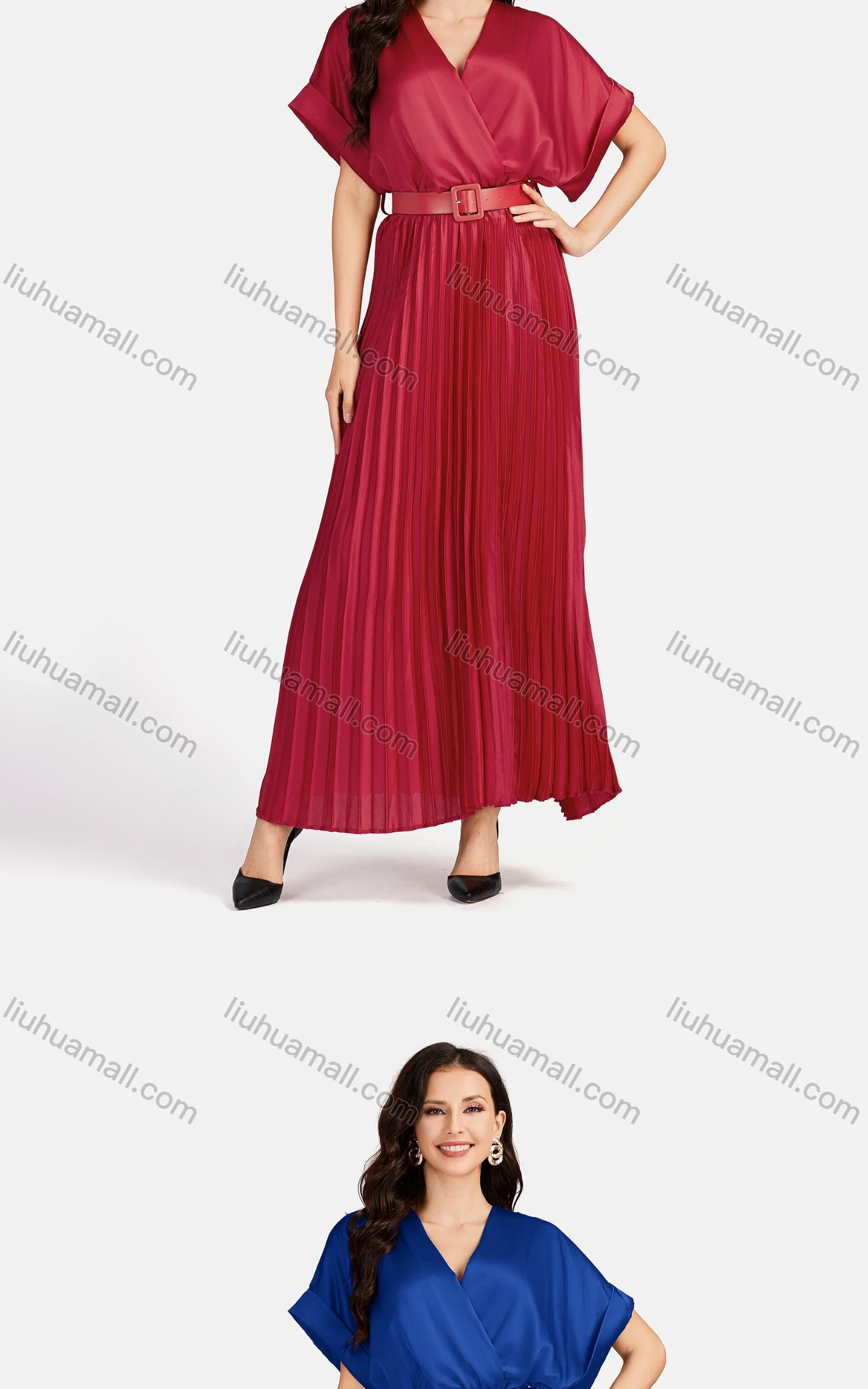 Wholesale Women's Casual Plain Wrap Short Sleeve Splicing Pleated Maxi Dress EG-3481# - Liuhuamall