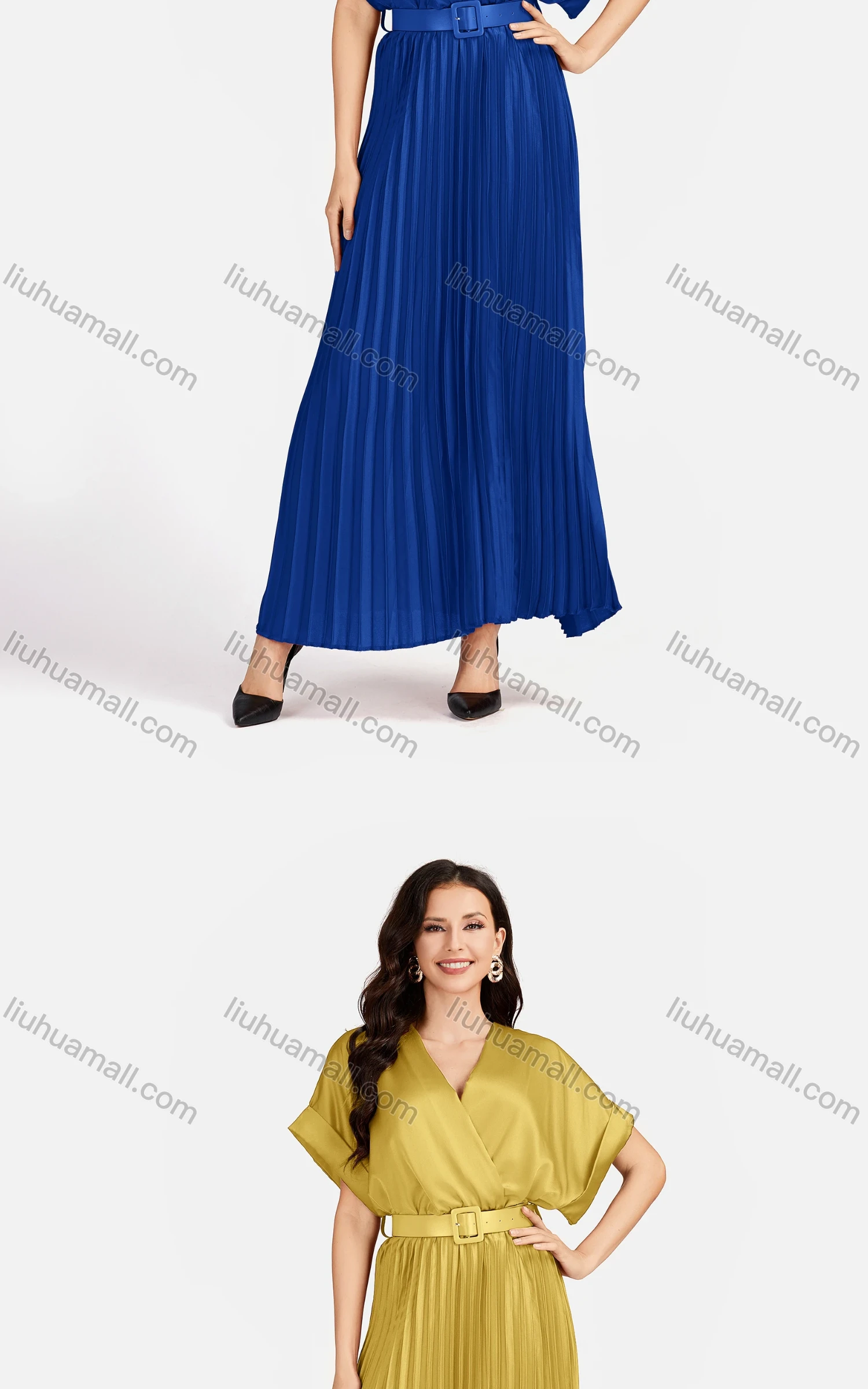 Wholesale Women's Casual Plain Wrap Short Sleeve Splicing Pleated Maxi Dress EG-3481# - Liuhuamall