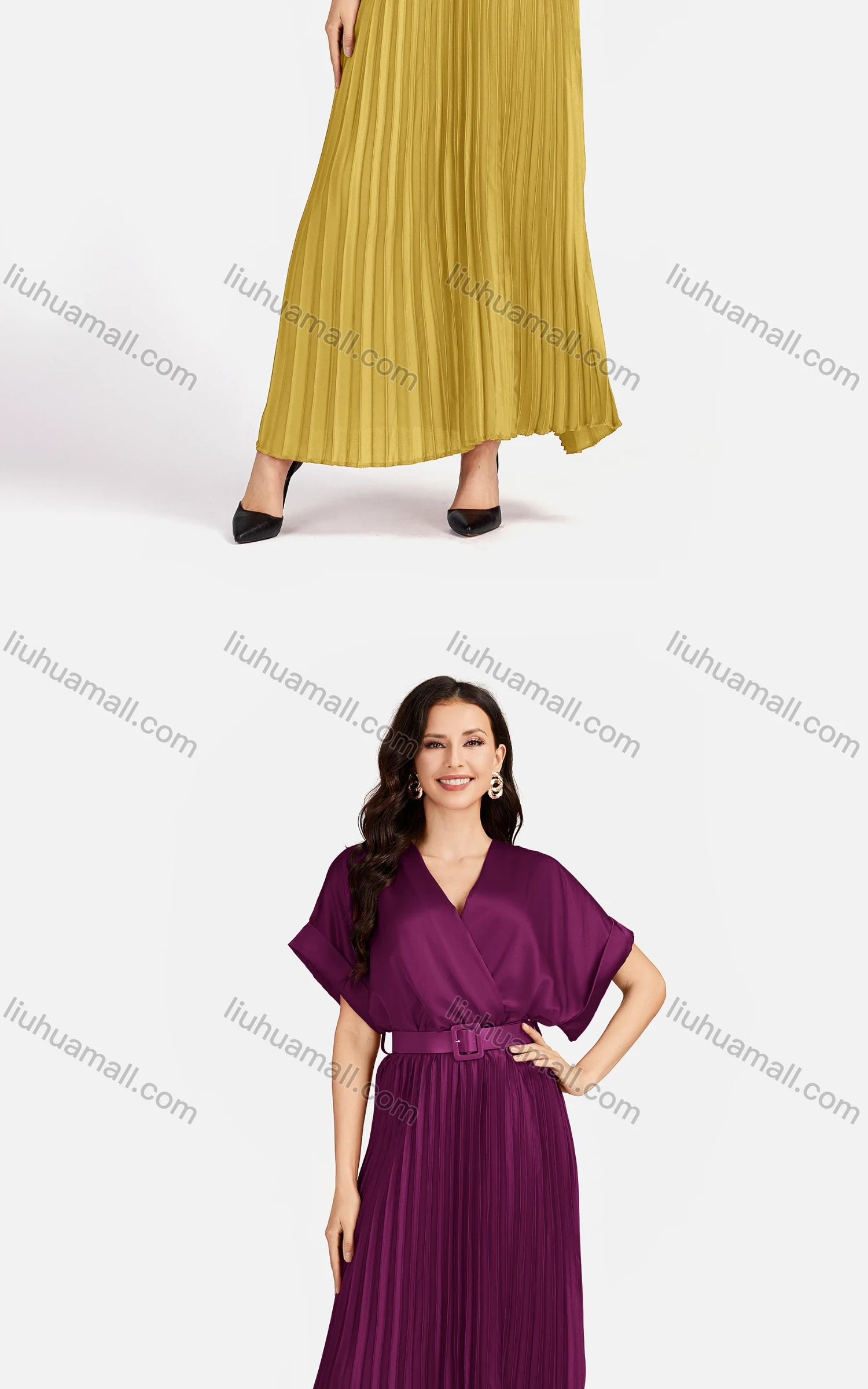 Wholesale Women's Casual Plain Wrap Short Sleeve Splicing Pleated Maxi Dress EG-3481# - Liuhuamall