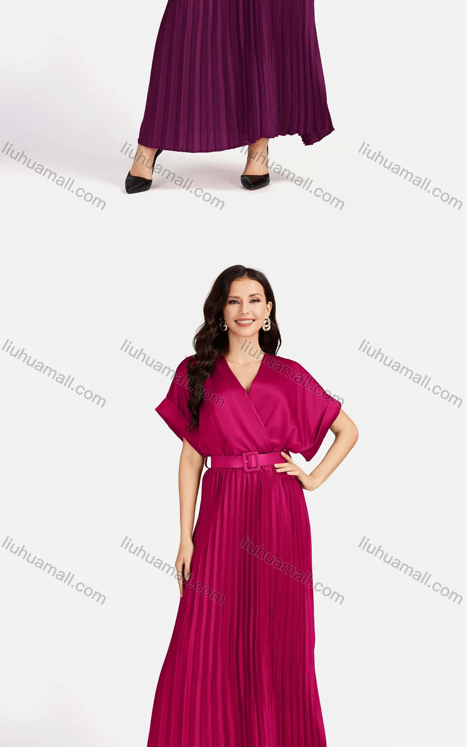 Wholesale Women's Casual Plain Wrap Short Sleeve Splicing Pleated Maxi Dress EG-3481# - Liuhuamall
