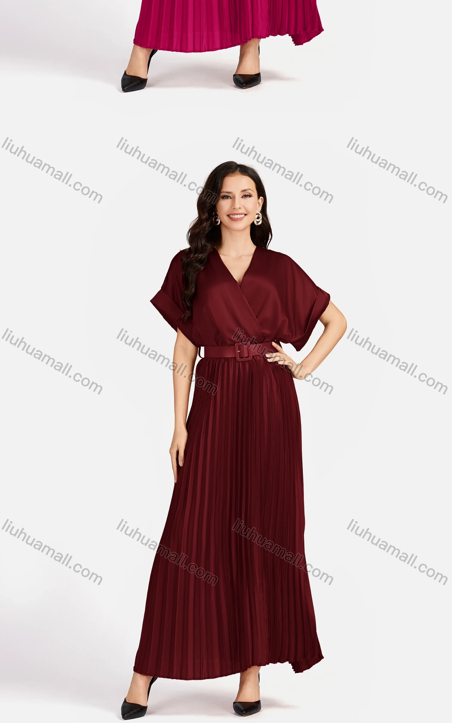 Wholesale Women's Casual Plain Wrap Short Sleeve Splicing Pleated Maxi Dress EG-3481# - Liuhuamall
