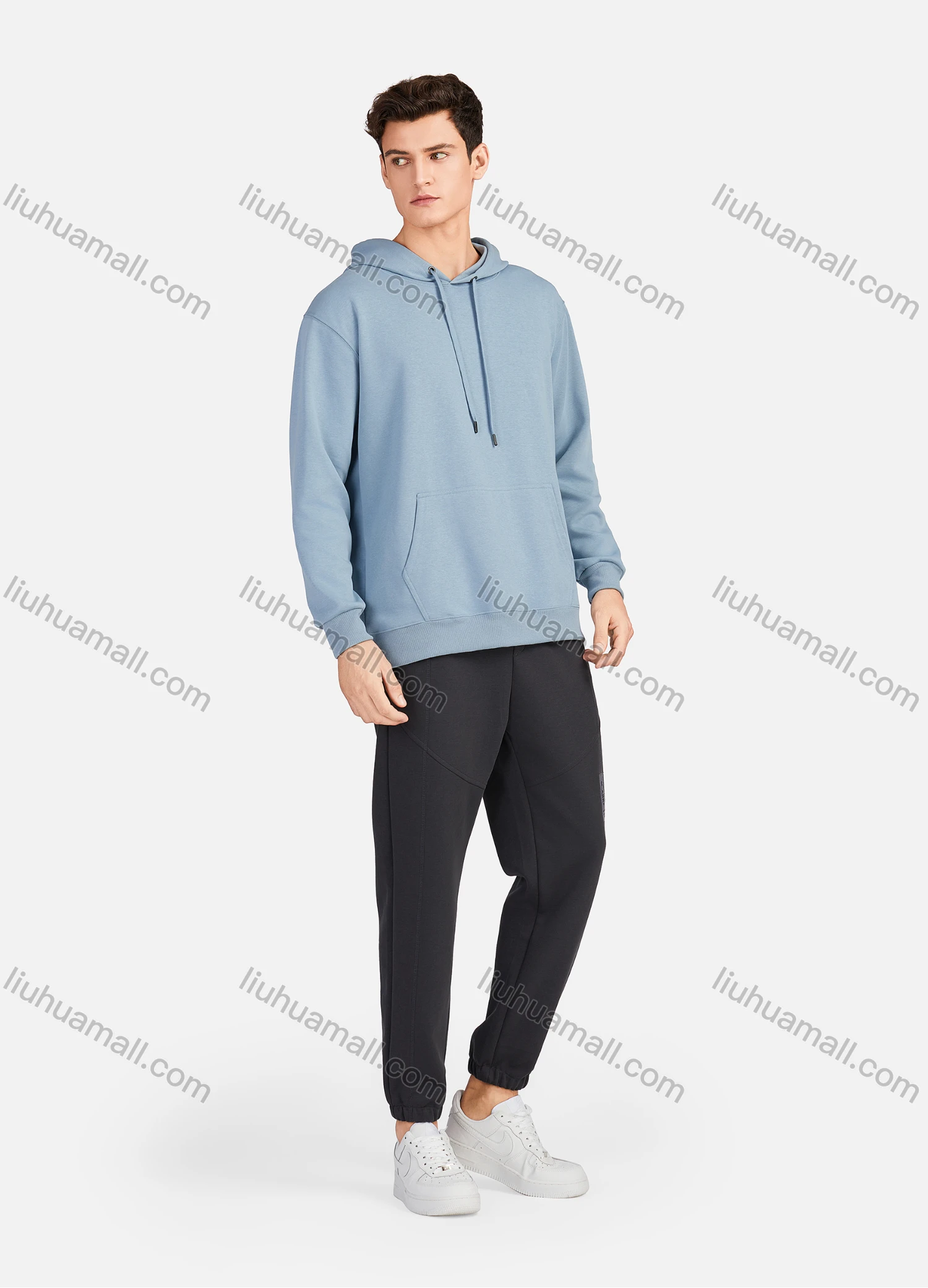 Wholesale Men's Casual Plain Long Sleeve Drawstring Hoodie With Kangaroo Pocket LF30# - Liuhuamall
