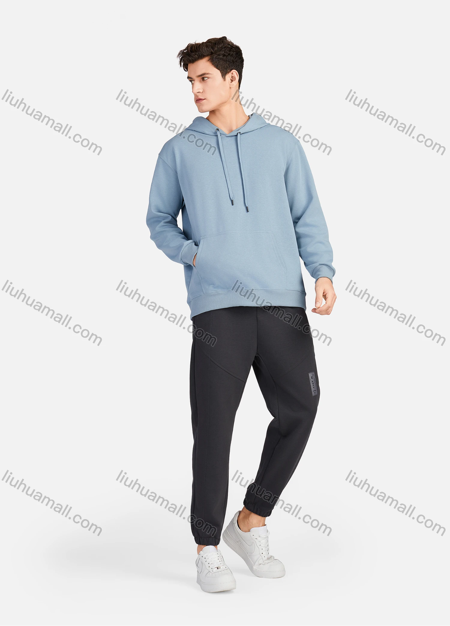 Wholesale Men's Casual Plain Long Sleeve Drawstring Hoodie With Kangaroo Pocket LF30# - Liuhuamall