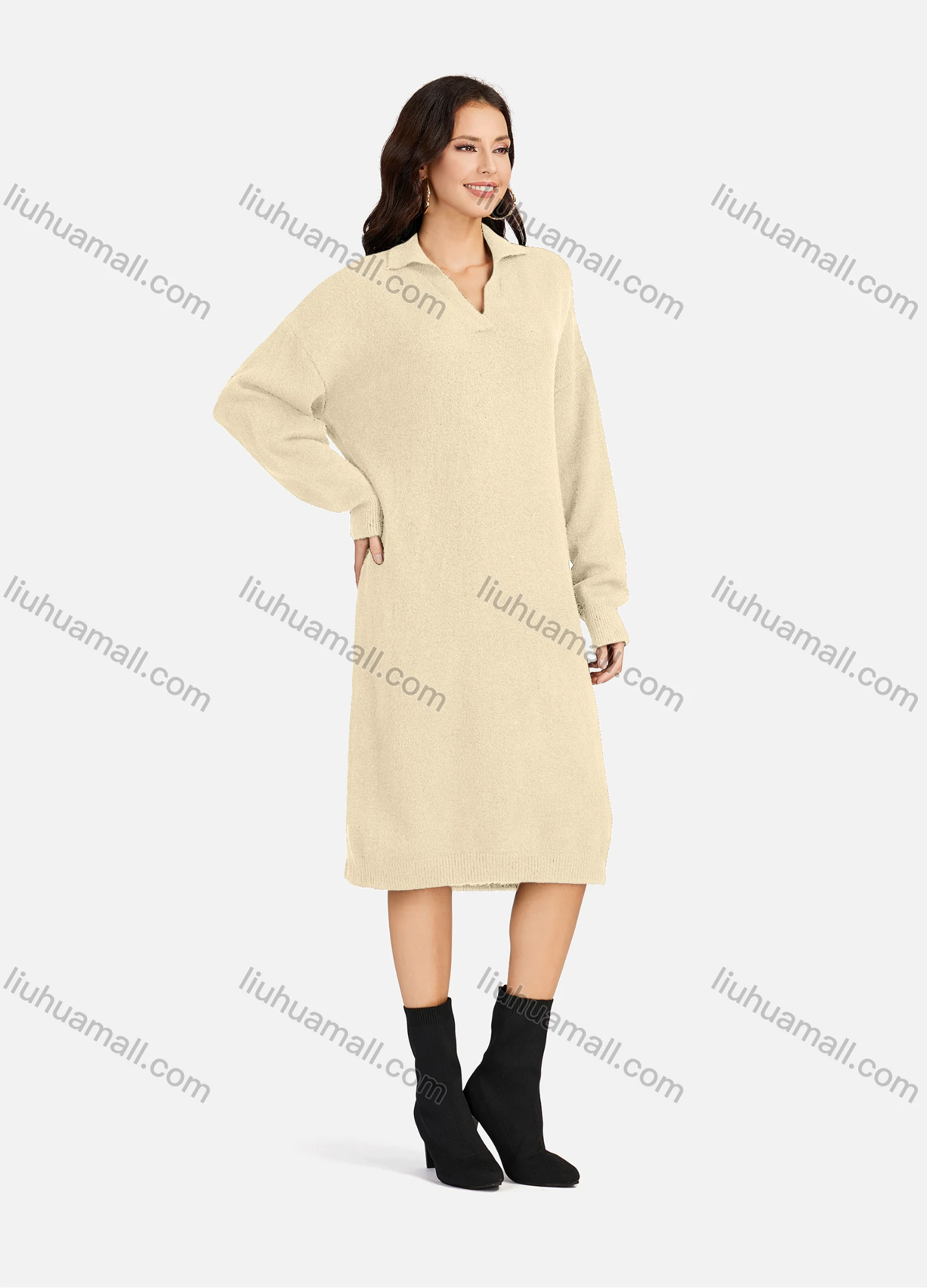 Wholesale Women's Casual Plain Turn-down Collar Long Sleeve Midi Sweater Dress 809# - Liuhuamall