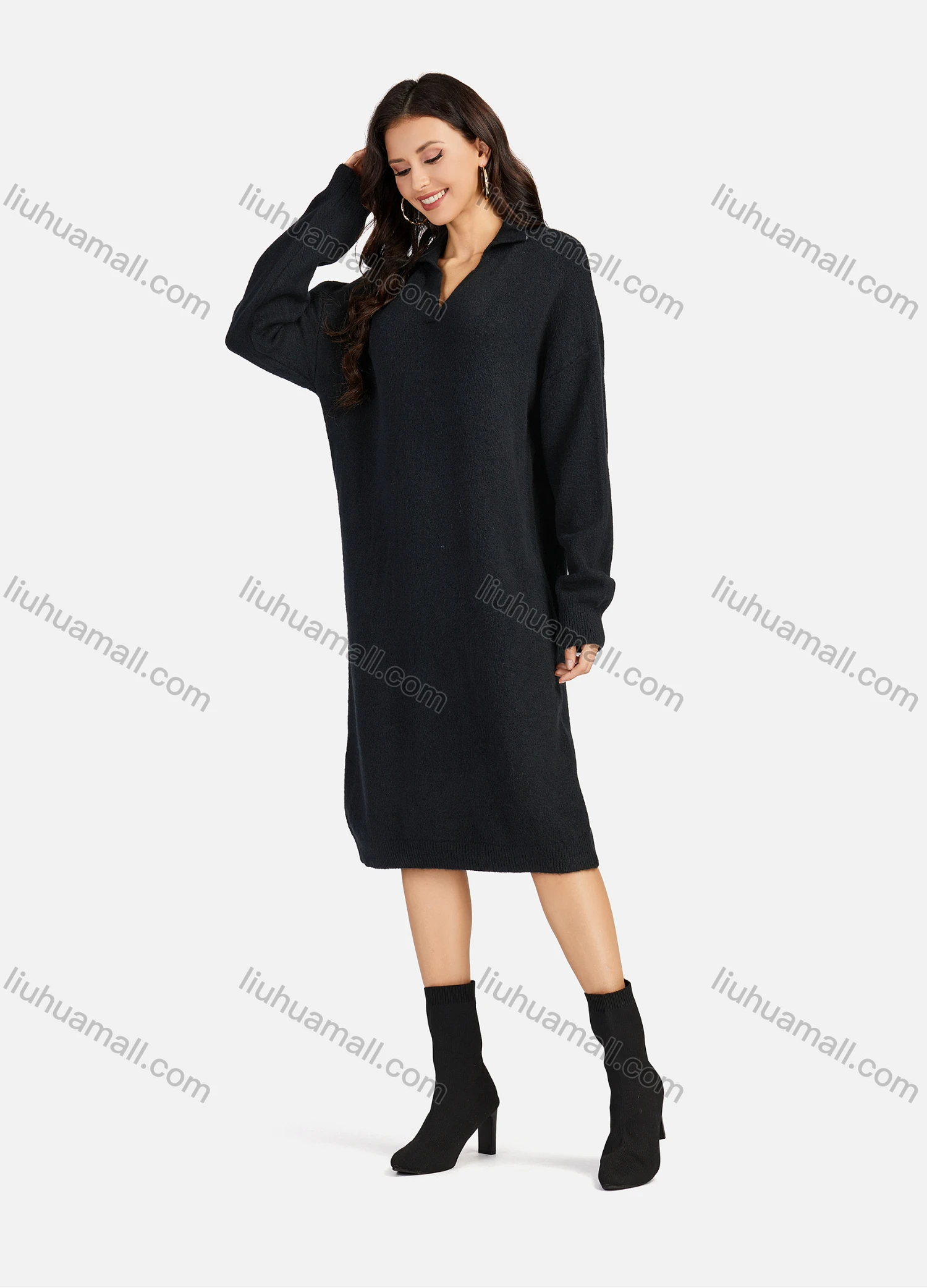 Wholesale Women's Casual Plain Turn-down Collar Long Sleeve Midi Sweater Dress 809# - Liuhuamall