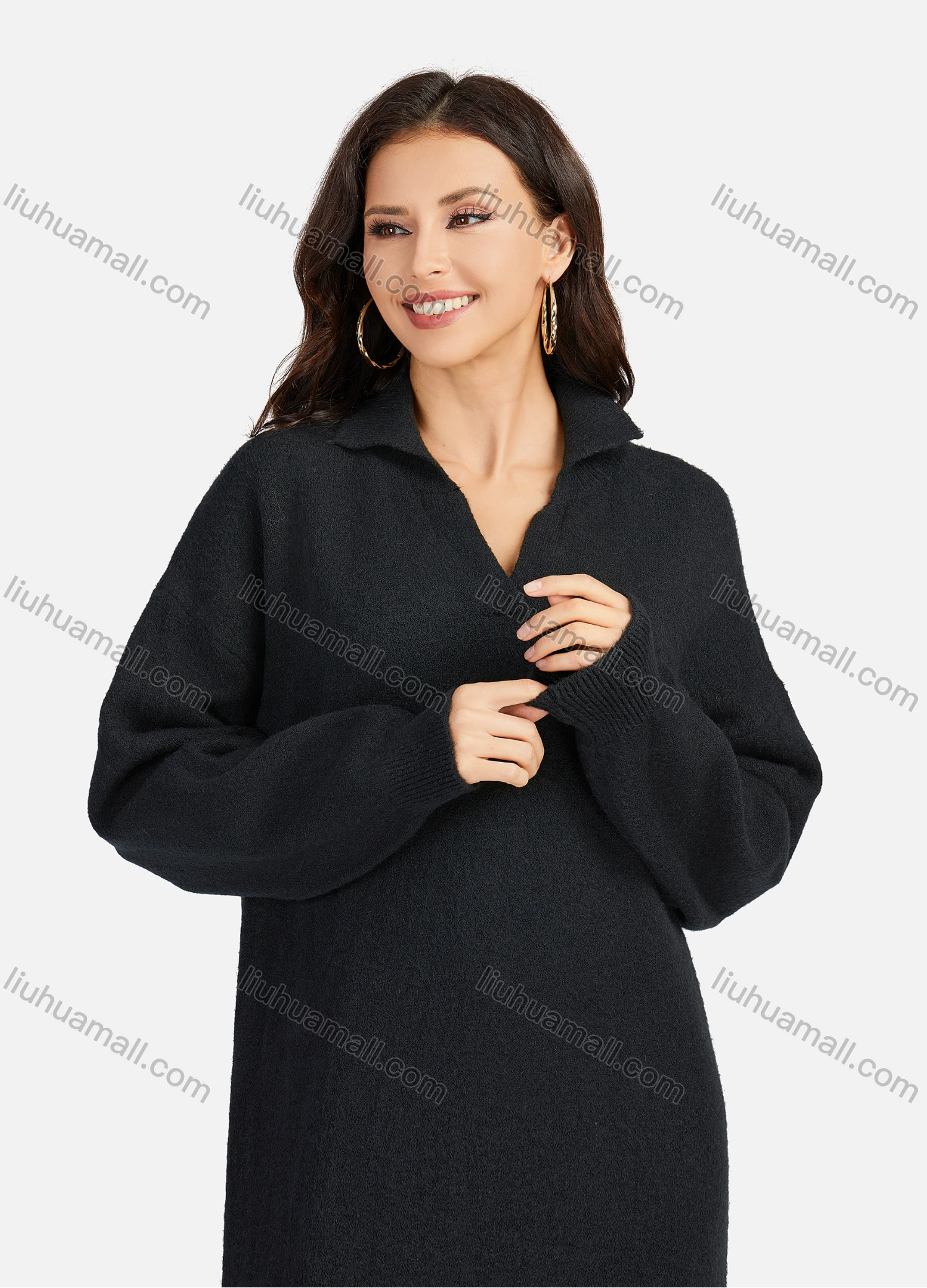 Wholesale Women's Casual Plain Turn-down Collar Long Sleeve Midi Sweater Dress 809# - Liuhuamall