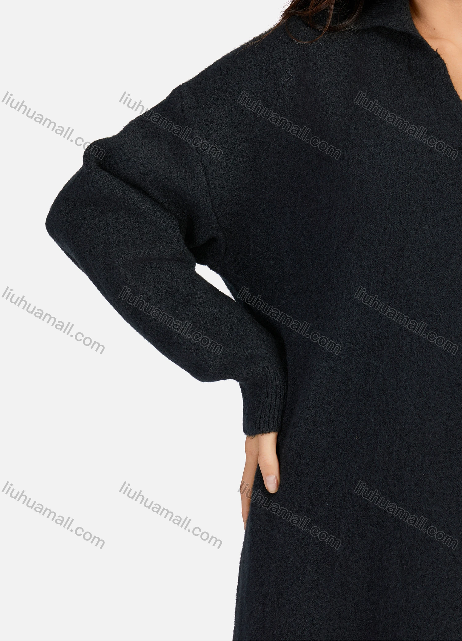 Wholesale Women's Casual Plain Turn-down Collar Long Sleeve Midi Sweater Dress 809# - Liuhuamall