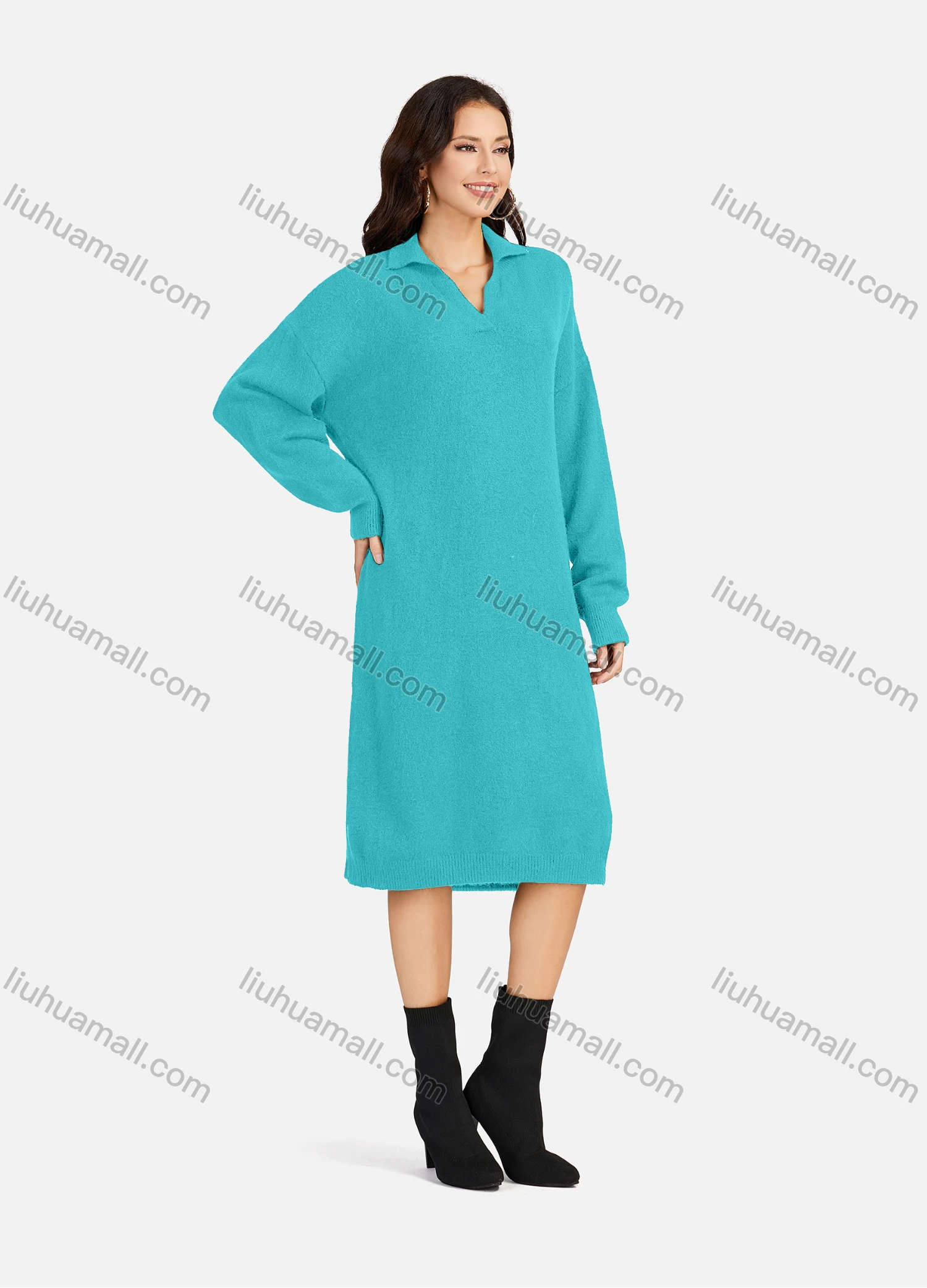 Wholesale Women's Casual Plain Turn-down Collar Long Sleeve Midi Sweater Dress 809# - Liuhuamall
