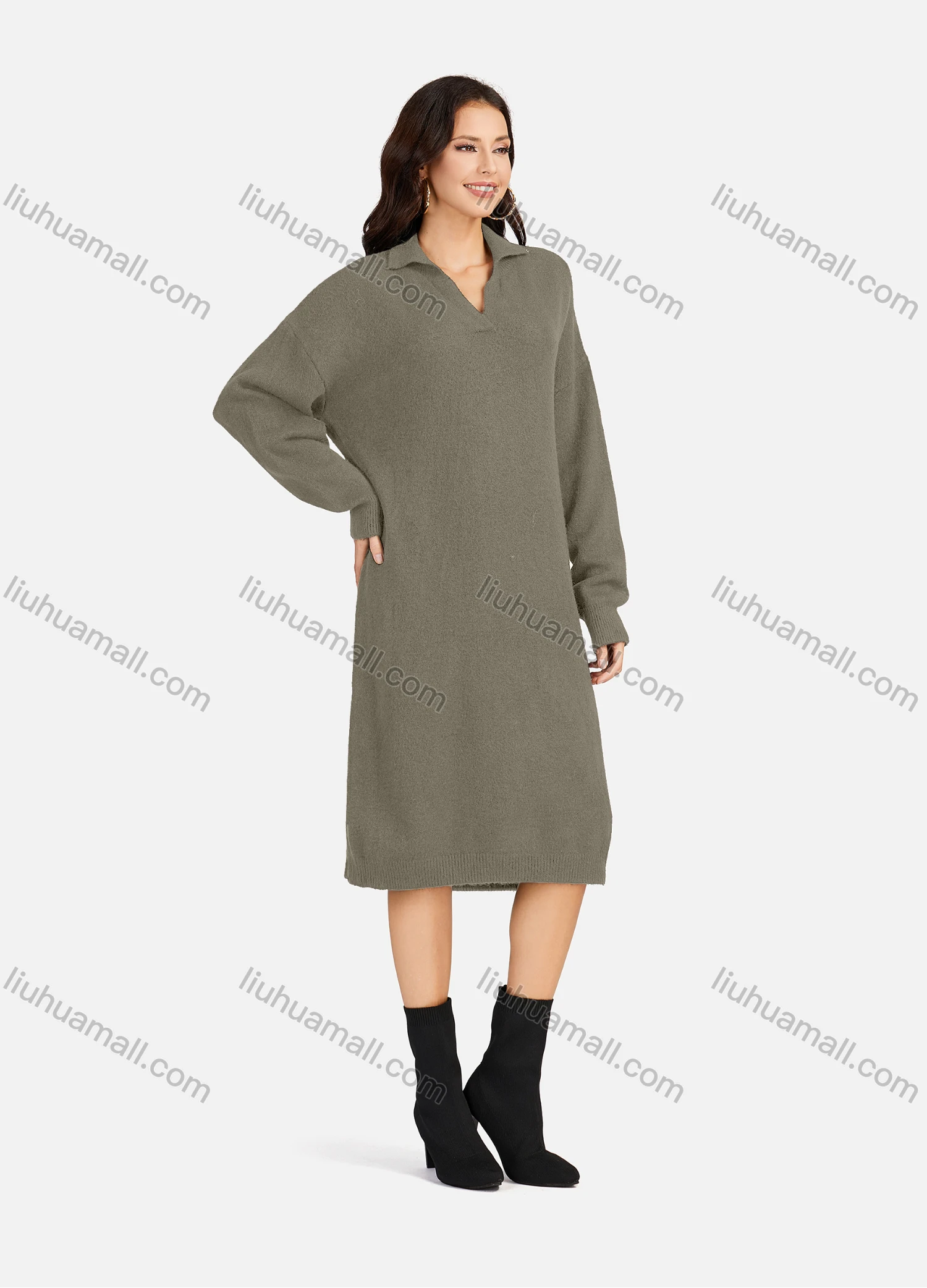 Wholesale Women's Casual Plain Turn-down Collar Long Sleeve Midi Sweater Dress 809# - Liuhuamall