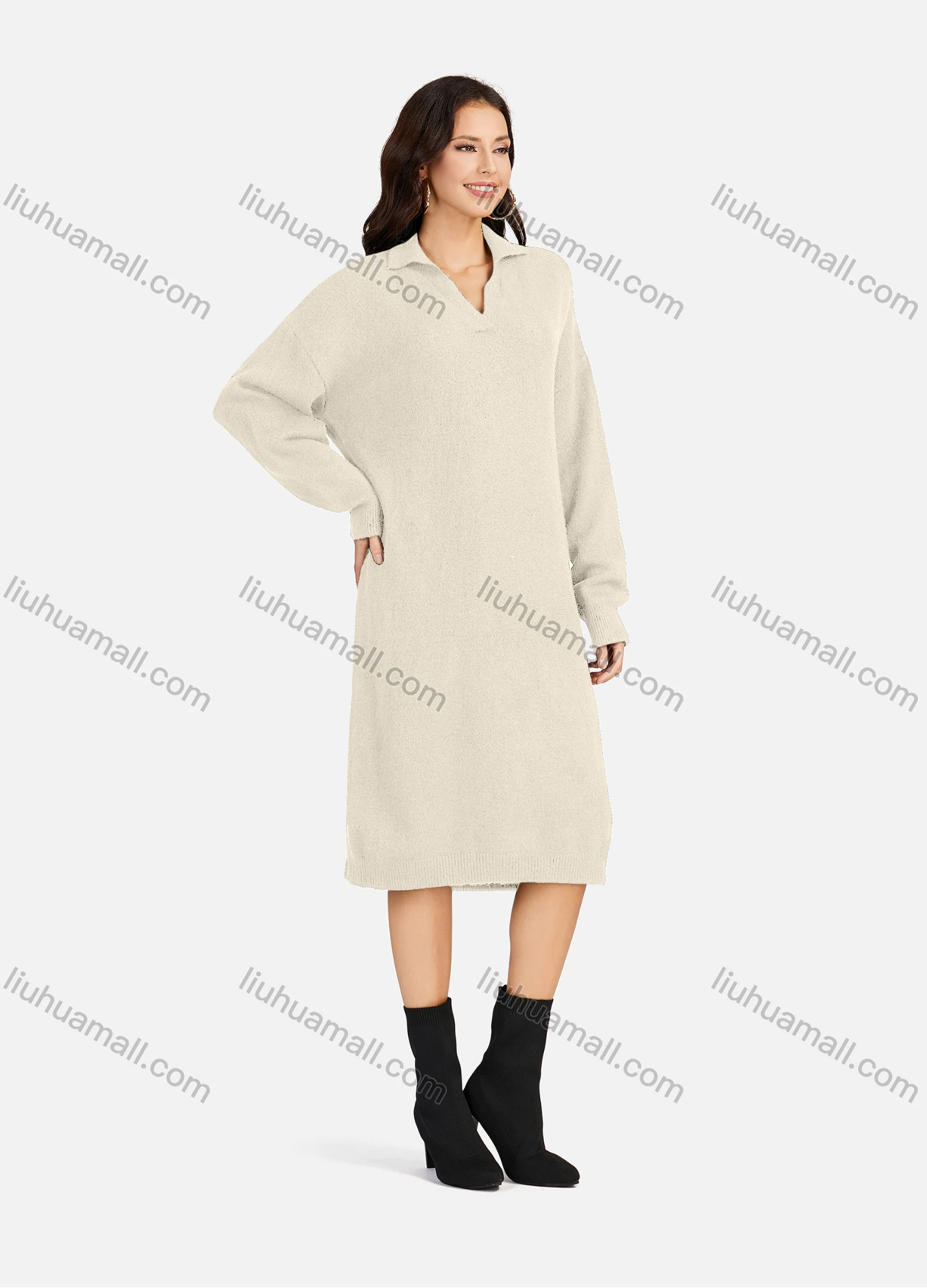 Wholesale Women's Casual Plain Turn-down Collar Long Sleeve Midi Sweater Dress 809# - Liuhuamall