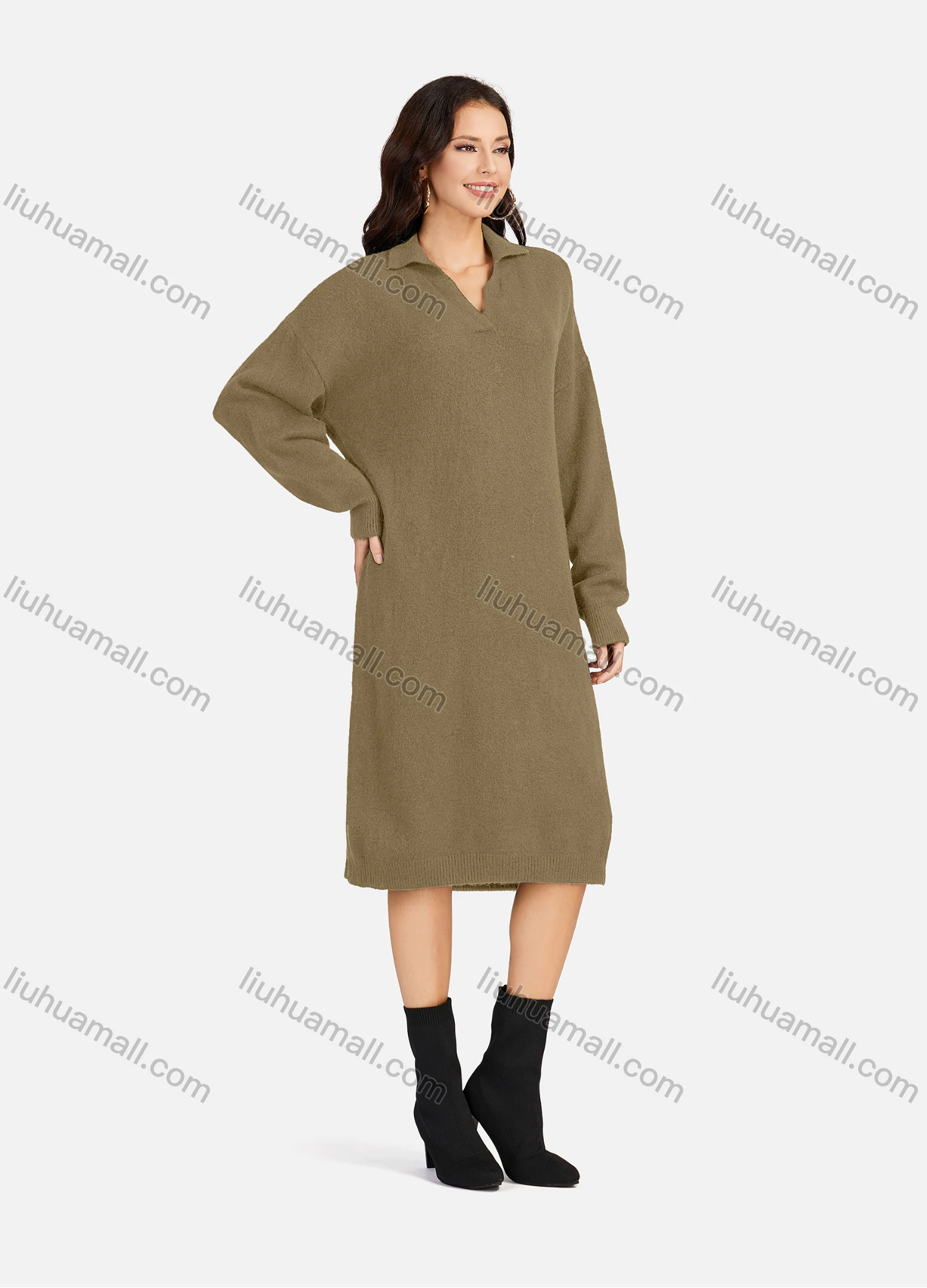 Wholesale Women's Casual Plain Turn-down Collar Long Sleeve Midi Sweater Dress 809# - Liuhuamall