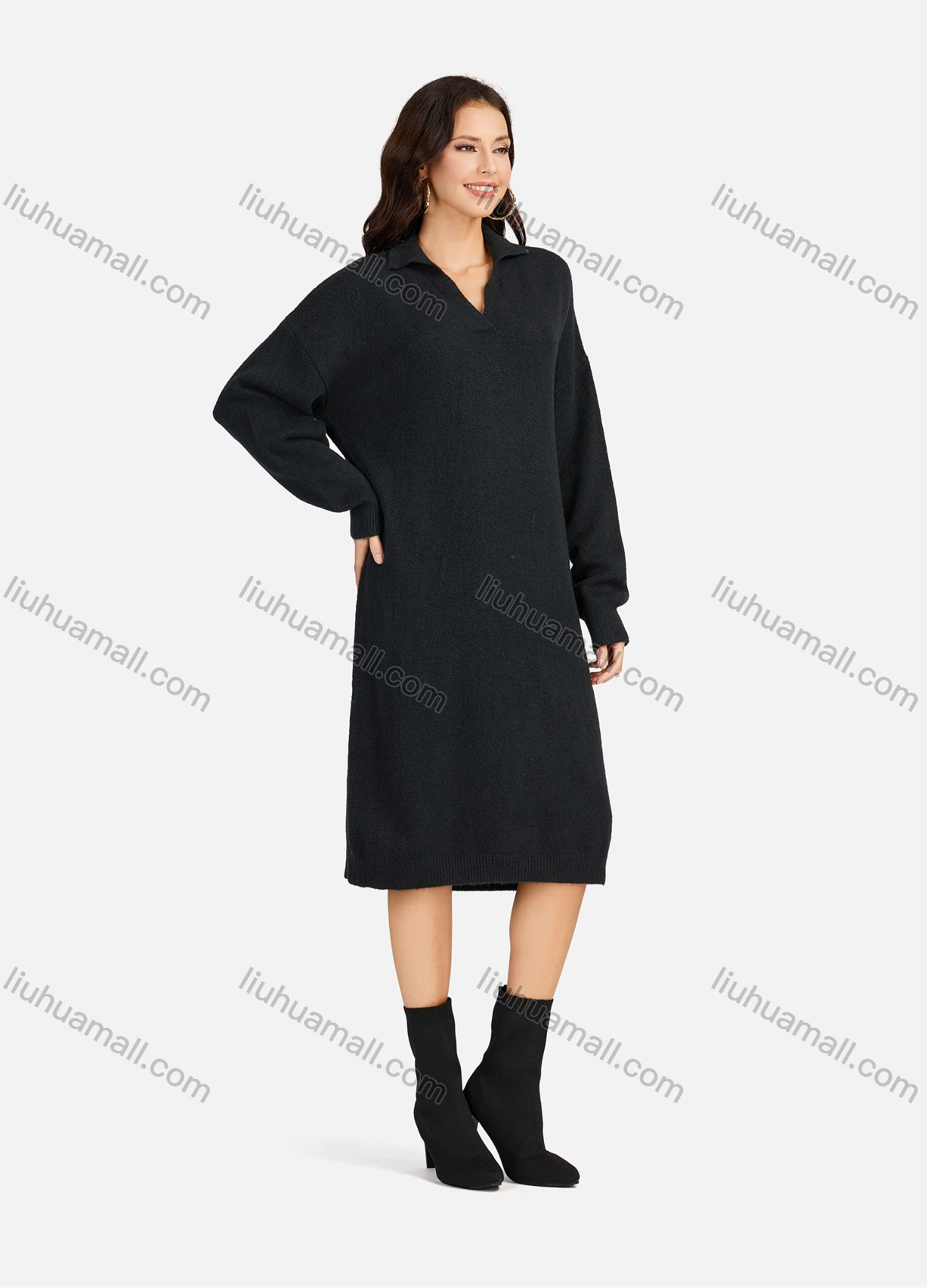 Wholesale Women's Casual Plain Turn-down Collar Long Sleeve Midi Sweater Dress 809# - Liuhuamall