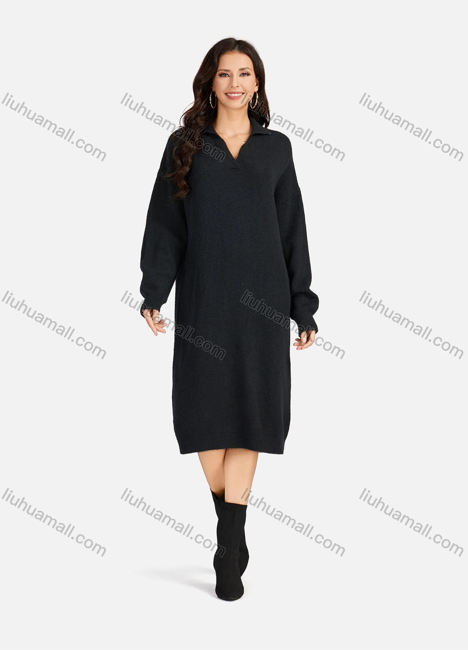 Wholesale Women's Casual Plain Turn-down Collar Long Sleeve Midi Sweater Dress 809# - Liuhuamall