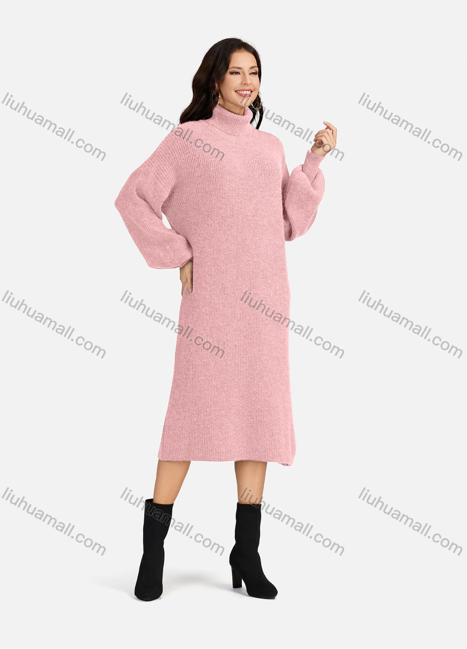 Wholesale Women's Casual Plain High Neck Long Sleeve Midi Sweater Dress 8963# - Liuhuamall