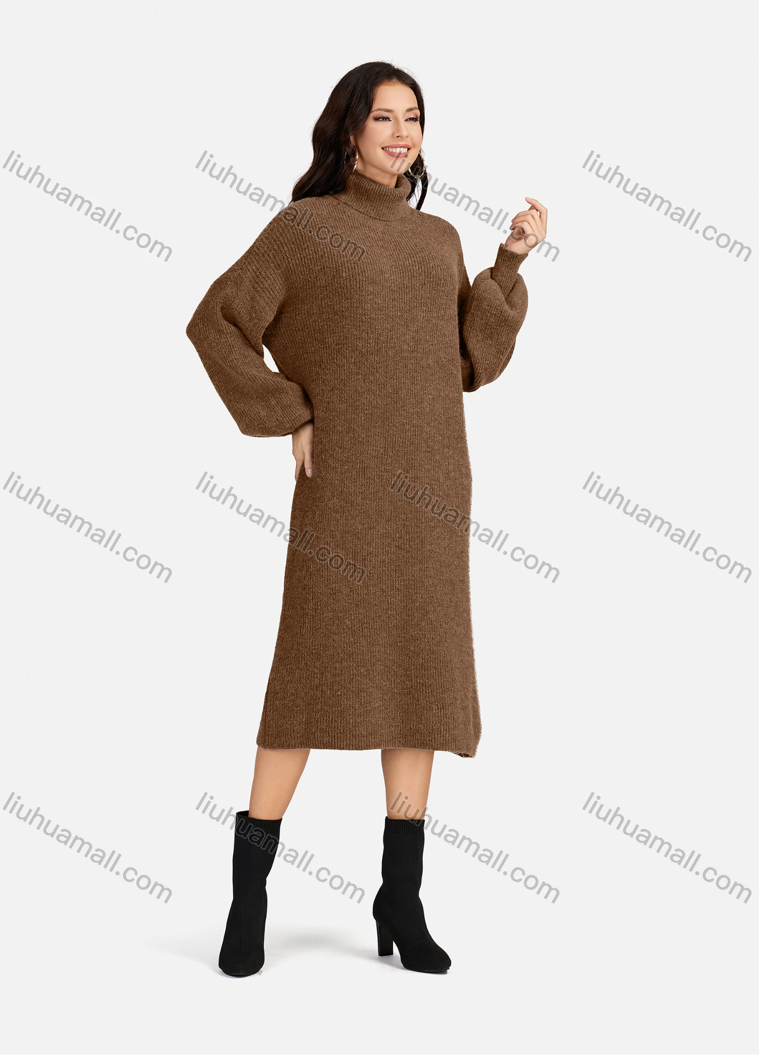 Wholesale Women's Casual Plain High Neck Long Sleeve Midi Sweater Dress 8963# - Liuhuamall