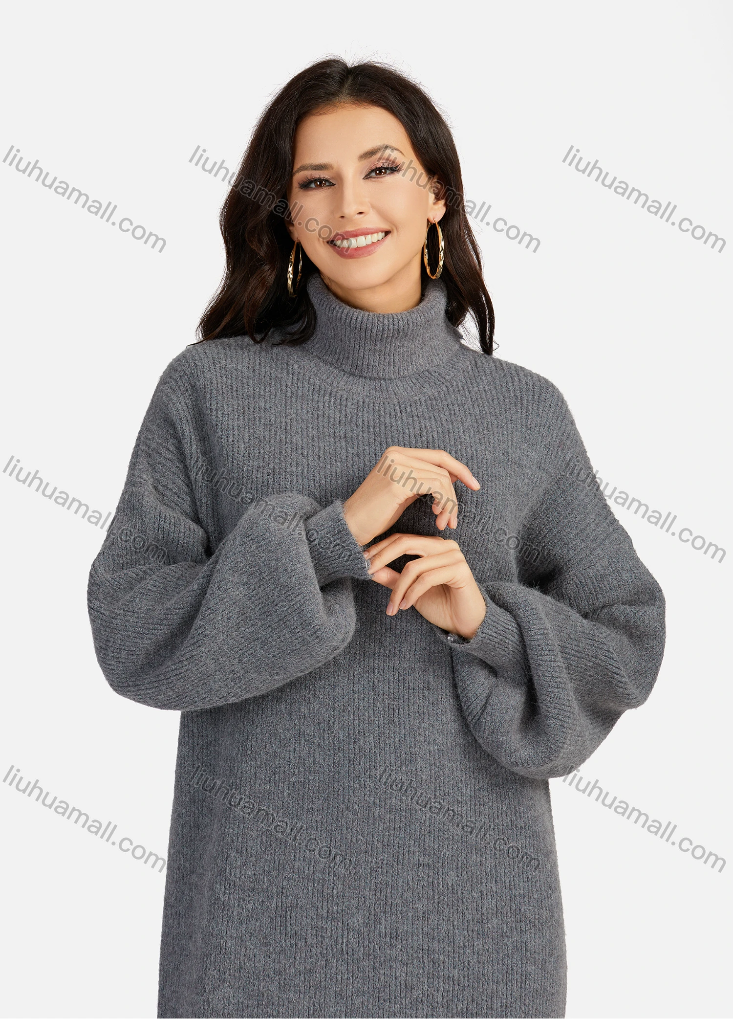 Wholesale Women's Casual Plain High Neck Long Sleeve Midi Sweater Dress 8963# - Liuhuamall