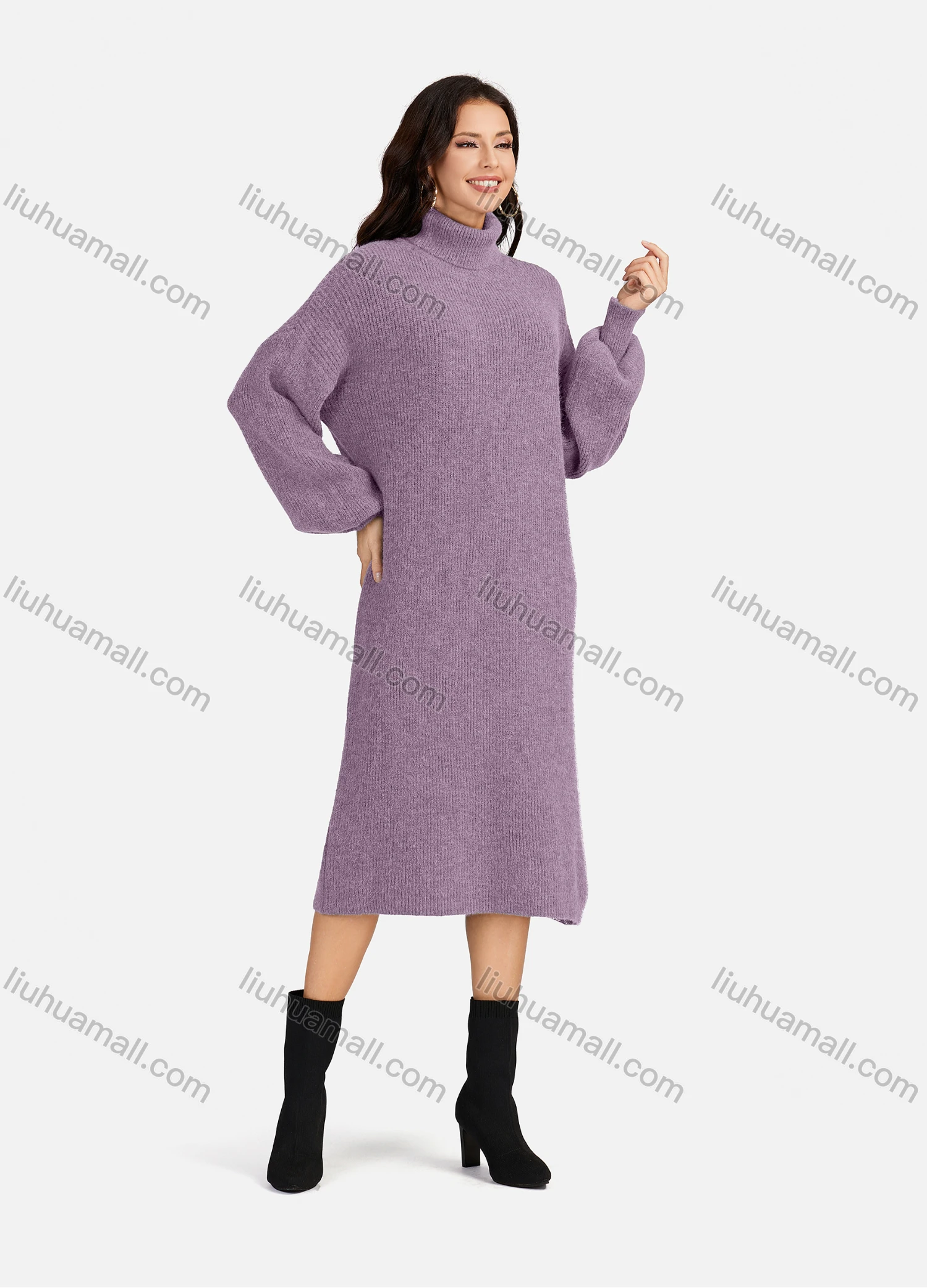 Wholesale Women's Casual Plain High Neck Long Sleeve Midi Sweater Dress 8963# - Liuhuamall