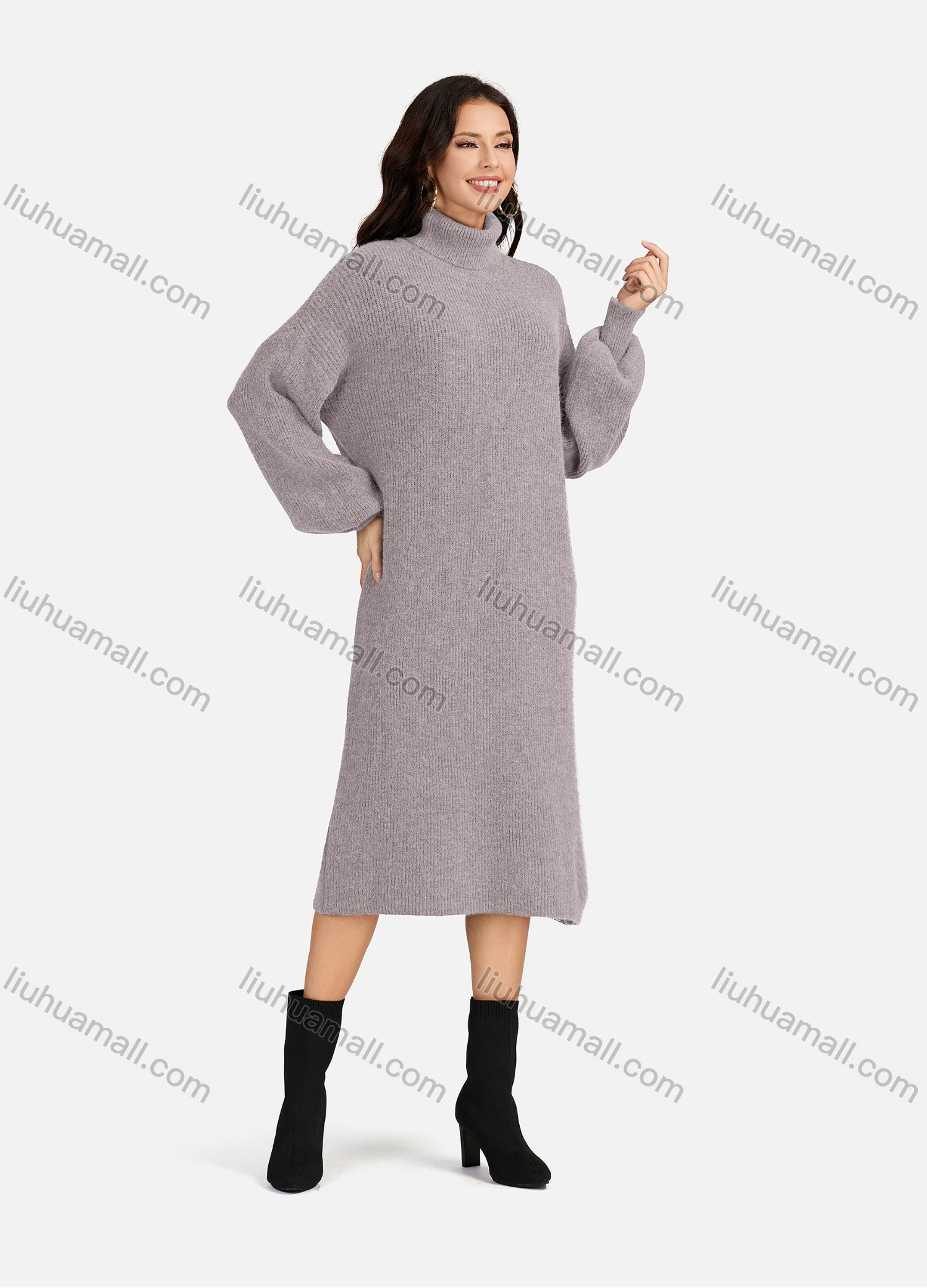 Wholesale Women's Casual Plain High Neck Long Sleeve Midi Sweater Dress 8963# - Liuhuamall