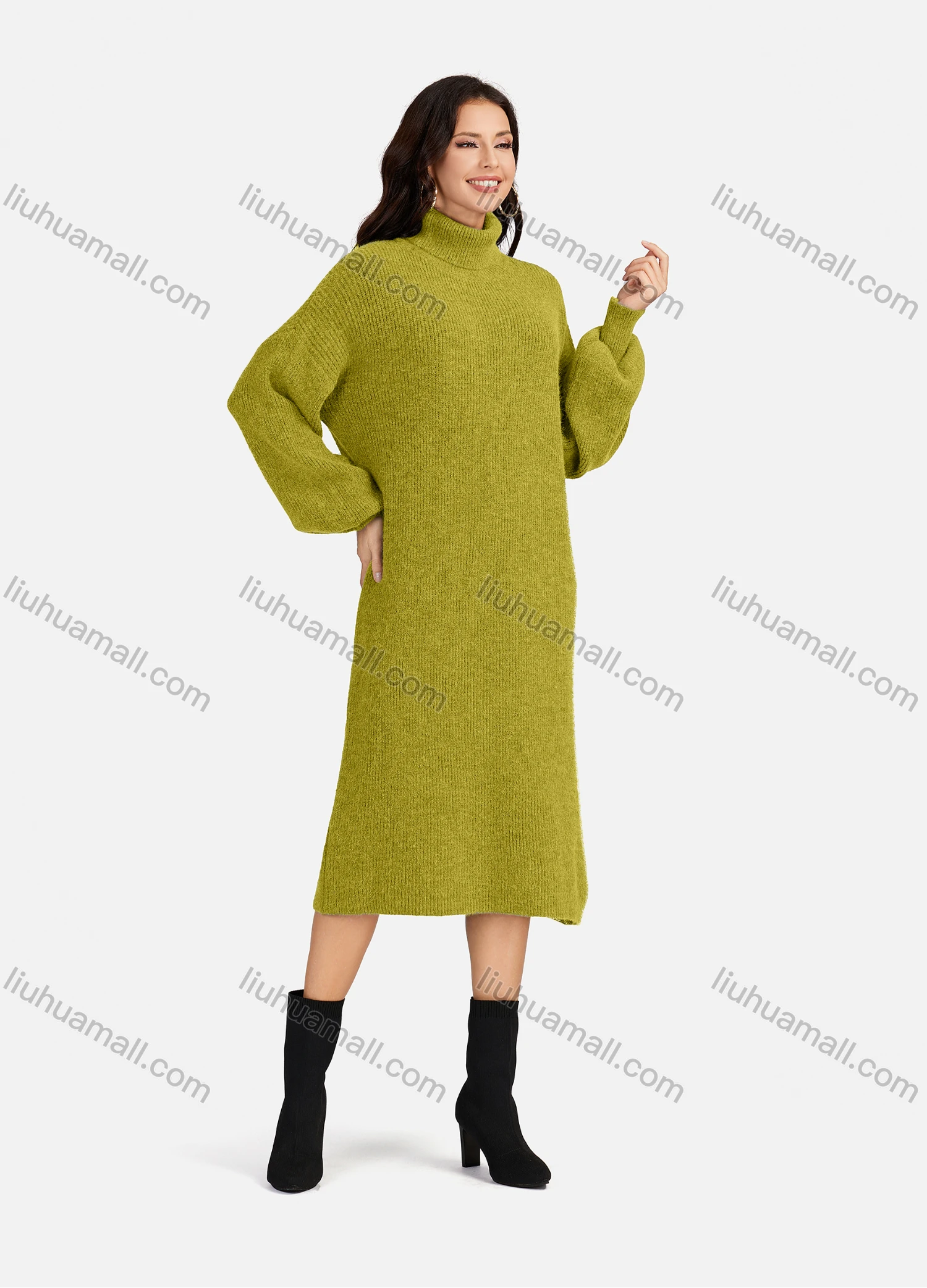 Wholesale Women's Casual Plain High Neck Long Sleeve Midi Sweater Dress 8963# - Liuhuamall