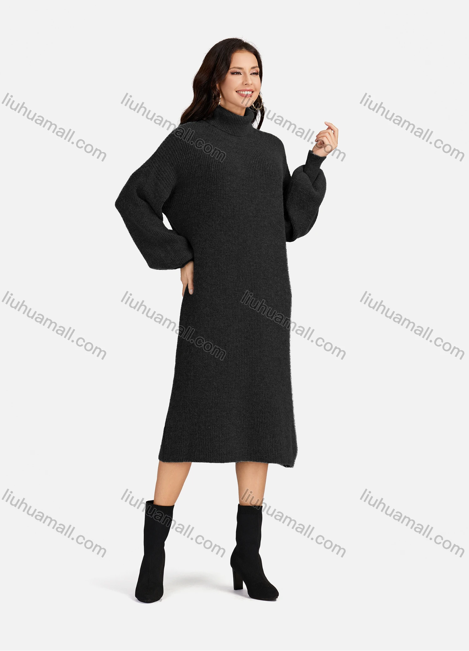 Wholesale Women's Casual Plain High Neck Long Sleeve Midi Sweater Dress 8963# - Liuhuamall