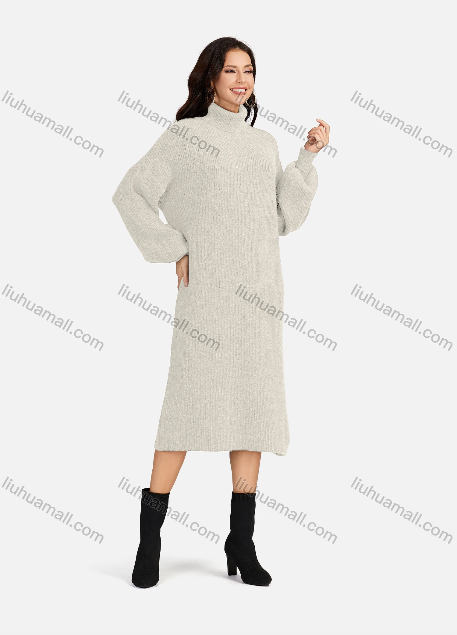 Wholesale Women's Casual Plain High Neck Long Sleeve Midi Sweater Dress 8963# - Liuhuamall