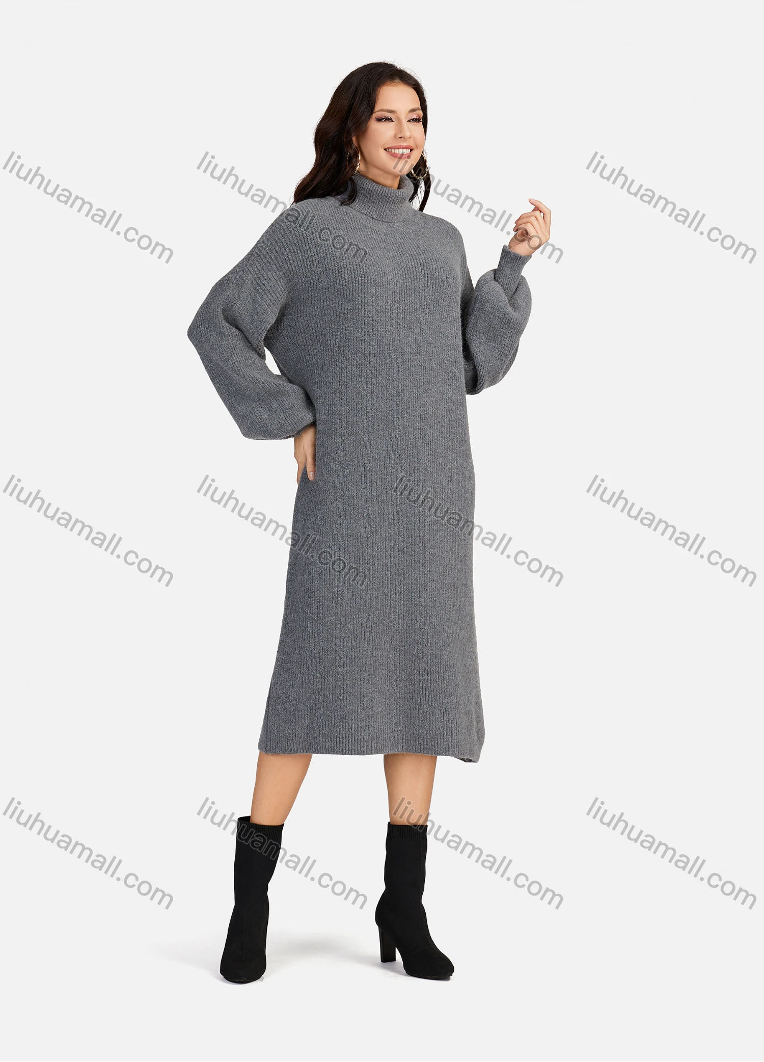 Wholesale Women's Casual Plain High Neck Long Sleeve Midi Sweater Dress 8963# - Liuhuamall