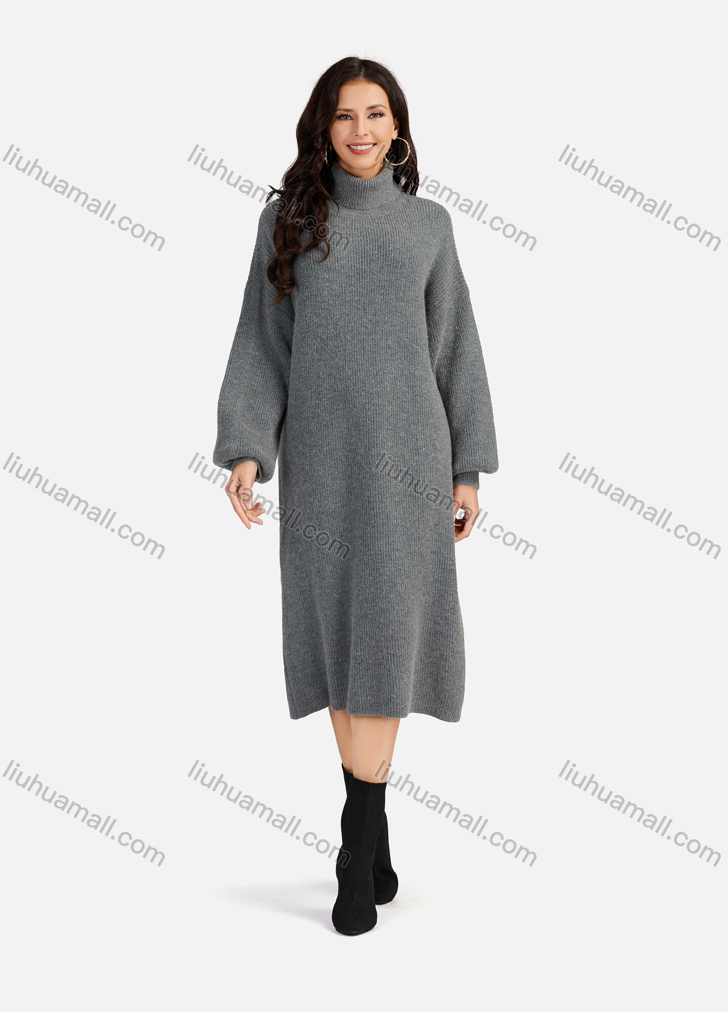 Wholesale Women's Casual Plain High Neck Long Sleeve Midi Sweater Dress 8963# - Liuhuamall