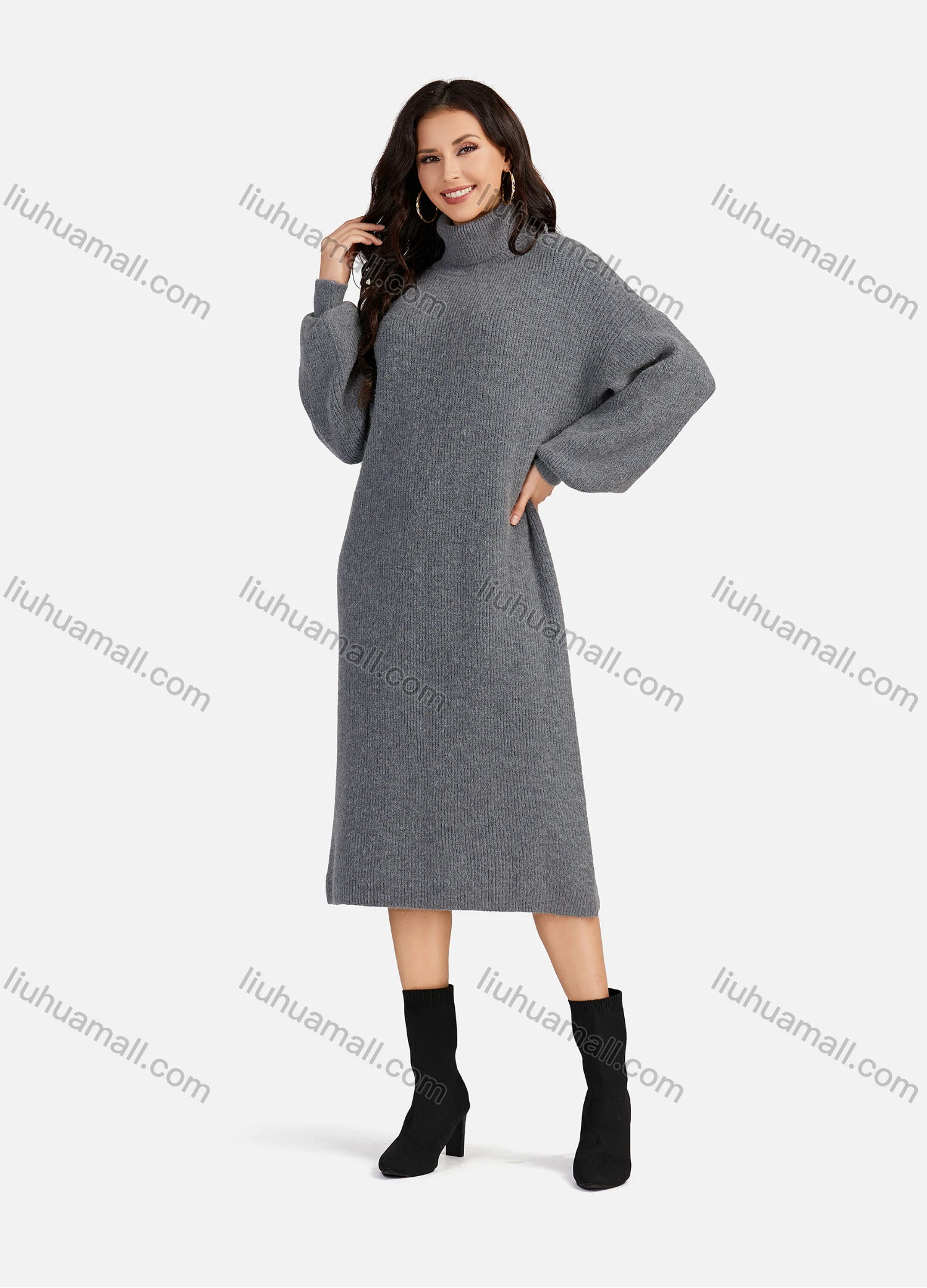 Wholesale Women's Casual Plain High Neck Long Sleeve Midi Sweater Dress 8963# - Liuhuamall