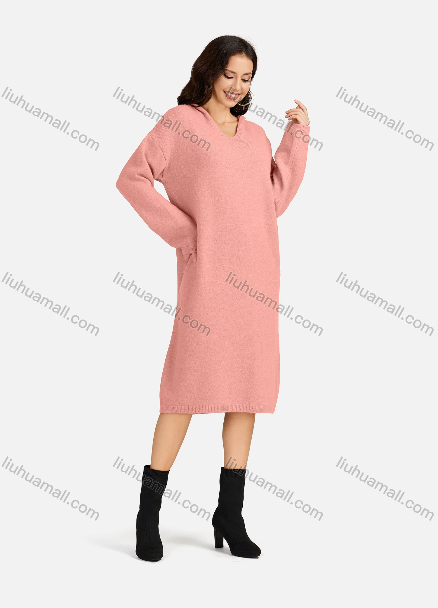 Wholesale Women's Casual Plain V Neck Long Sleeve Hooded Midi Sweater Dress 801# - Liuhuamall