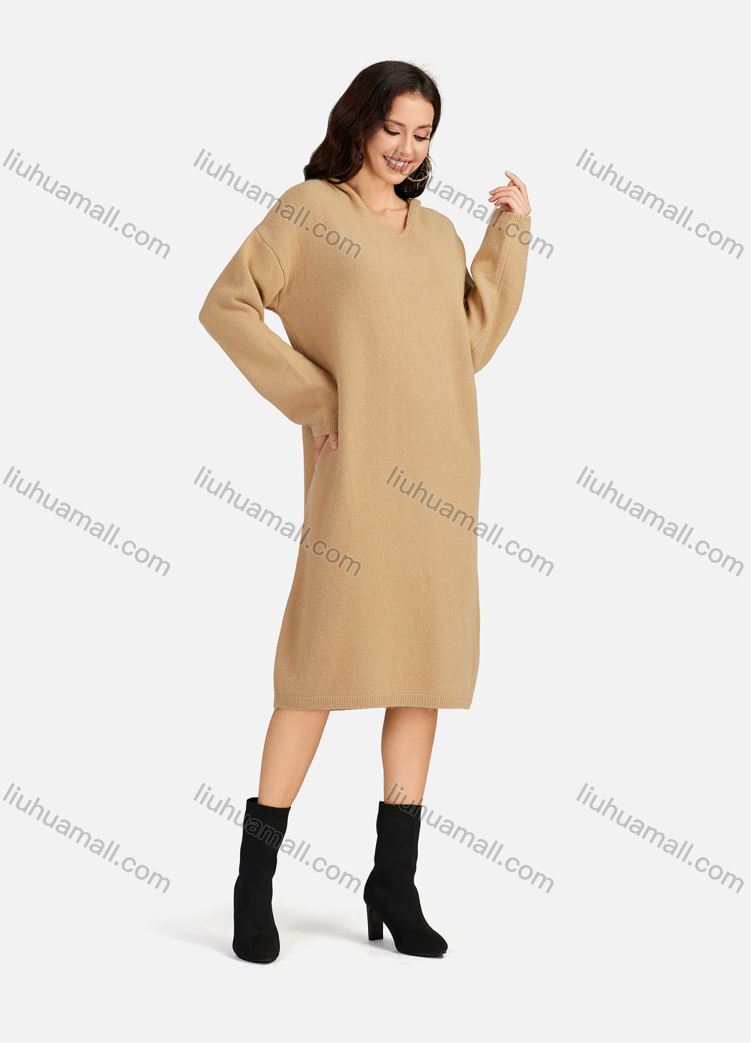 Wholesale Women's Casual Plain V Neck Long Sleeve Hooded Midi Sweater Dress 801# - Liuhuamall