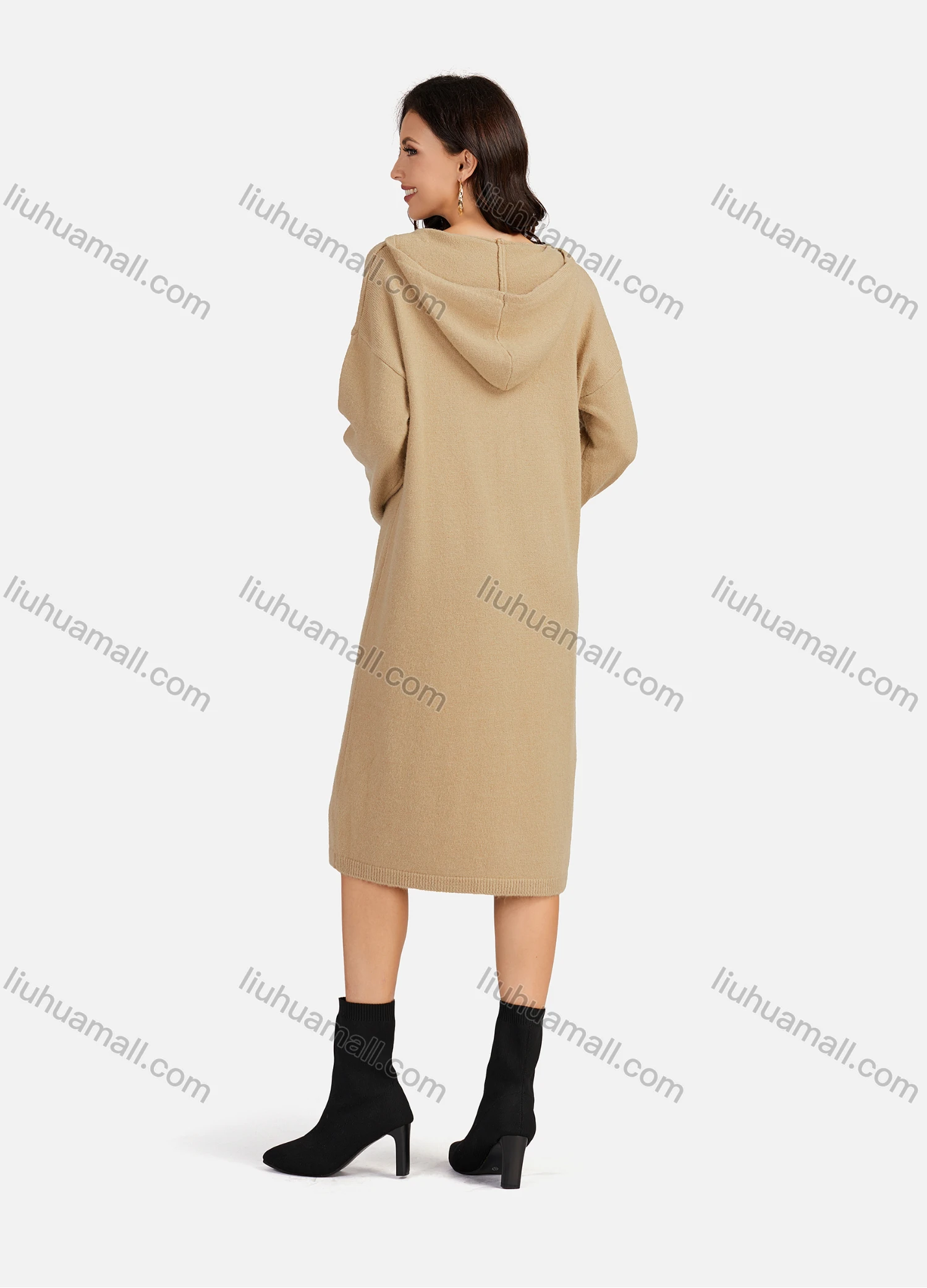 Wholesale Women's Casual Plain V Neck Long Sleeve Hooded Midi Sweater Dress 801# - Liuhuamall