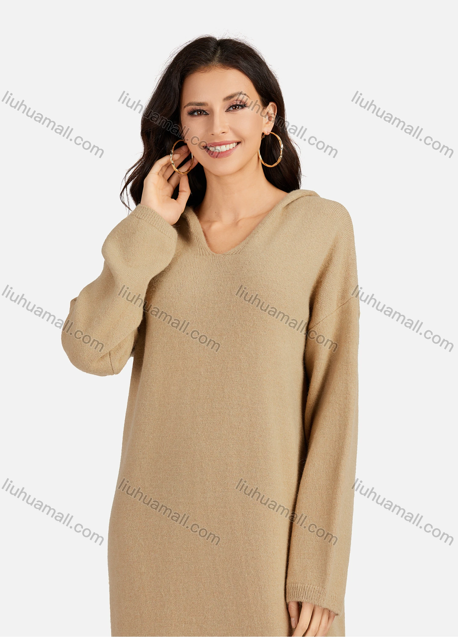Wholesale Women's Casual Plain V Neck Long Sleeve Hooded Midi Sweater Dress 801# - Liuhuamall