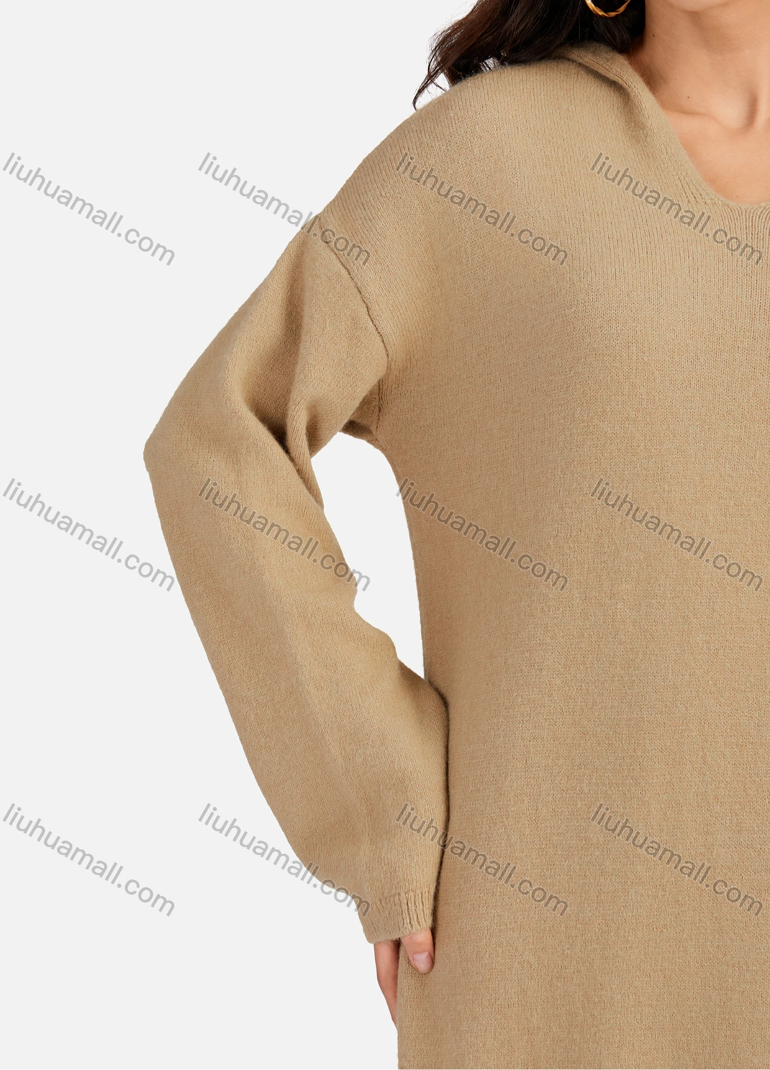 Wholesale Women's Casual Plain V Neck Long Sleeve Hooded Midi Sweater Dress 801# - Liuhuamall