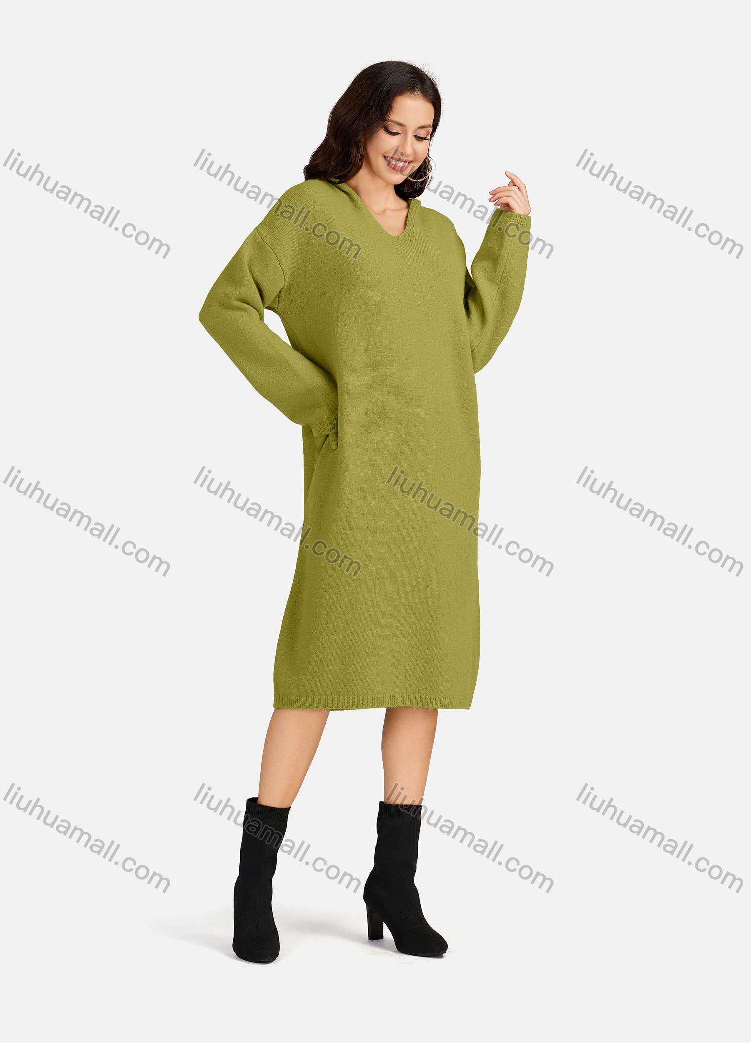 Wholesale Women's Casual Plain V Neck Long Sleeve Hooded Midi Sweater Dress 801# - Liuhuamall