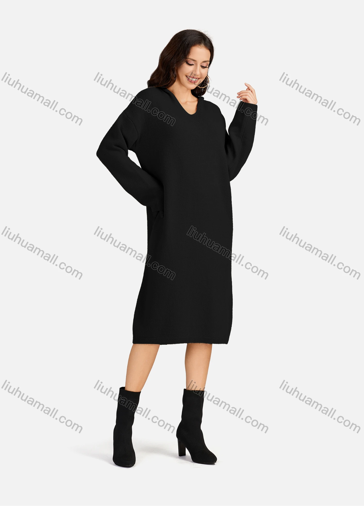 Wholesale Women's Casual Plain V Neck Long Sleeve Hooded Midi Sweater Dress 801# - Liuhuamall