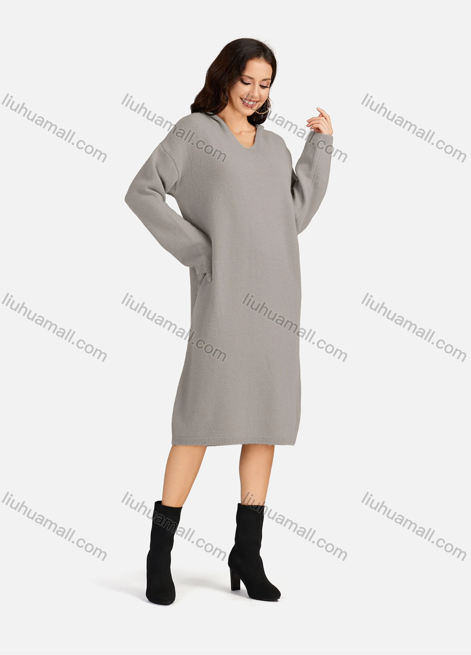 Wholesale Women's Casual Plain V Neck Long Sleeve Hooded Midi Sweater Dress 801# - Liuhuamall