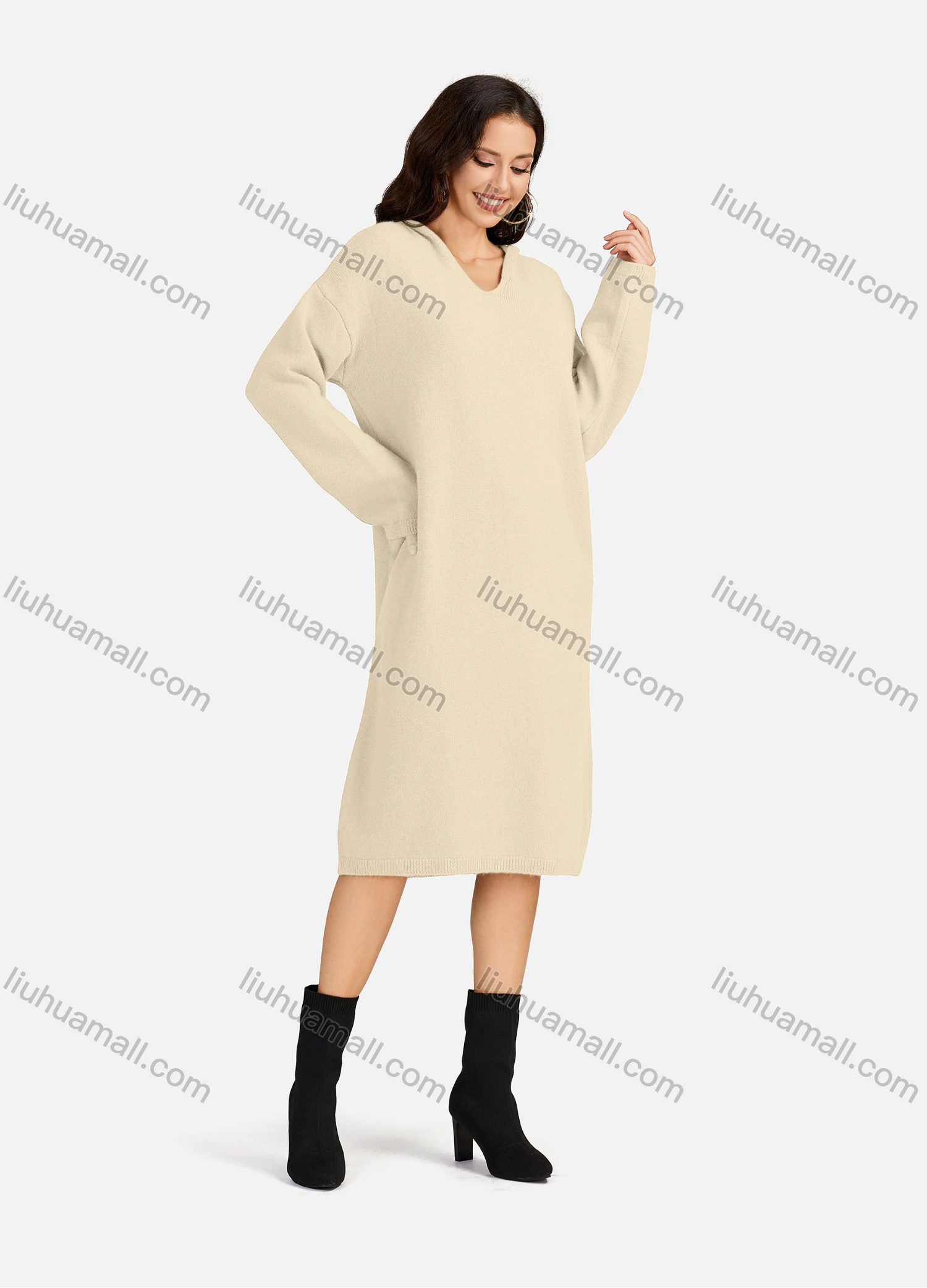 Wholesale Women's Casual Plain V Neck Long Sleeve Hooded Midi Sweater Dress 801# - Liuhuamall