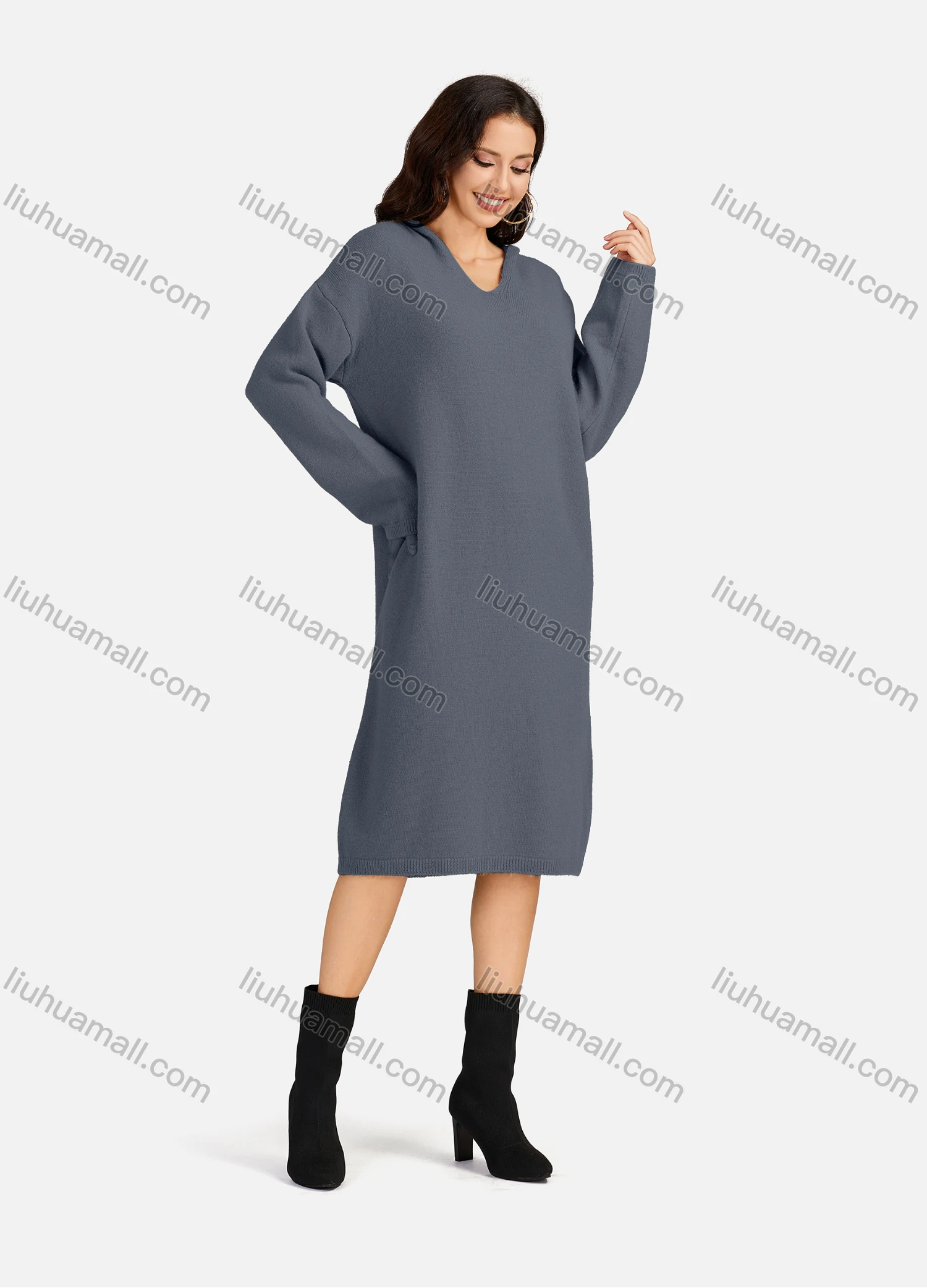 Wholesale Women's Casual Plain V Neck Long Sleeve Hooded Midi Sweater Dress 801# - Liuhuamall