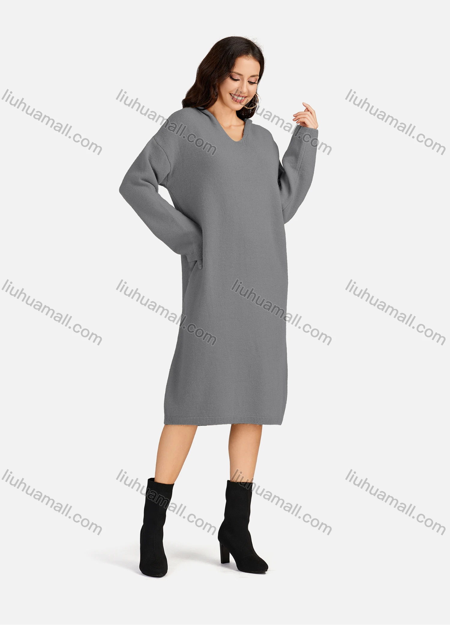 Wholesale Women's Casual Plain V Neck Long Sleeve Hooded Midi Sweater Dress 801# - Liuhuamall