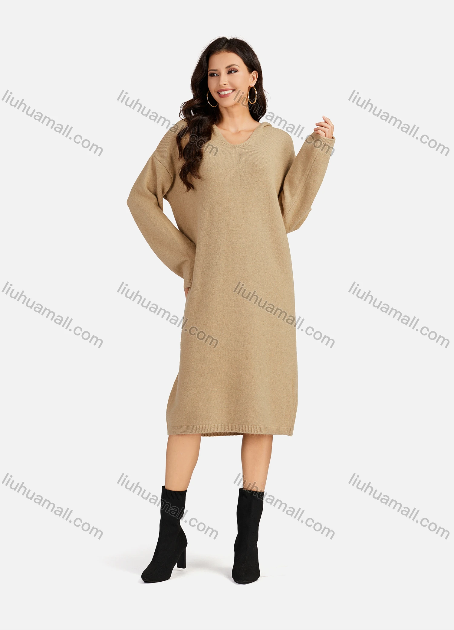 Wholesale Women's Casual Plain V Neck Long Sleeve Hooded Midi Sweater Dress 801# - Liuhuamall
