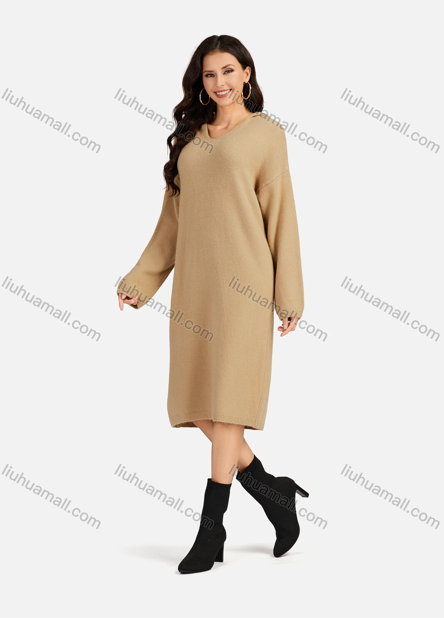 Wholesale Women's Casual Plain V Neck Long Sleeve Hooded Midi Sweater Dress 801# - Liuhuamall