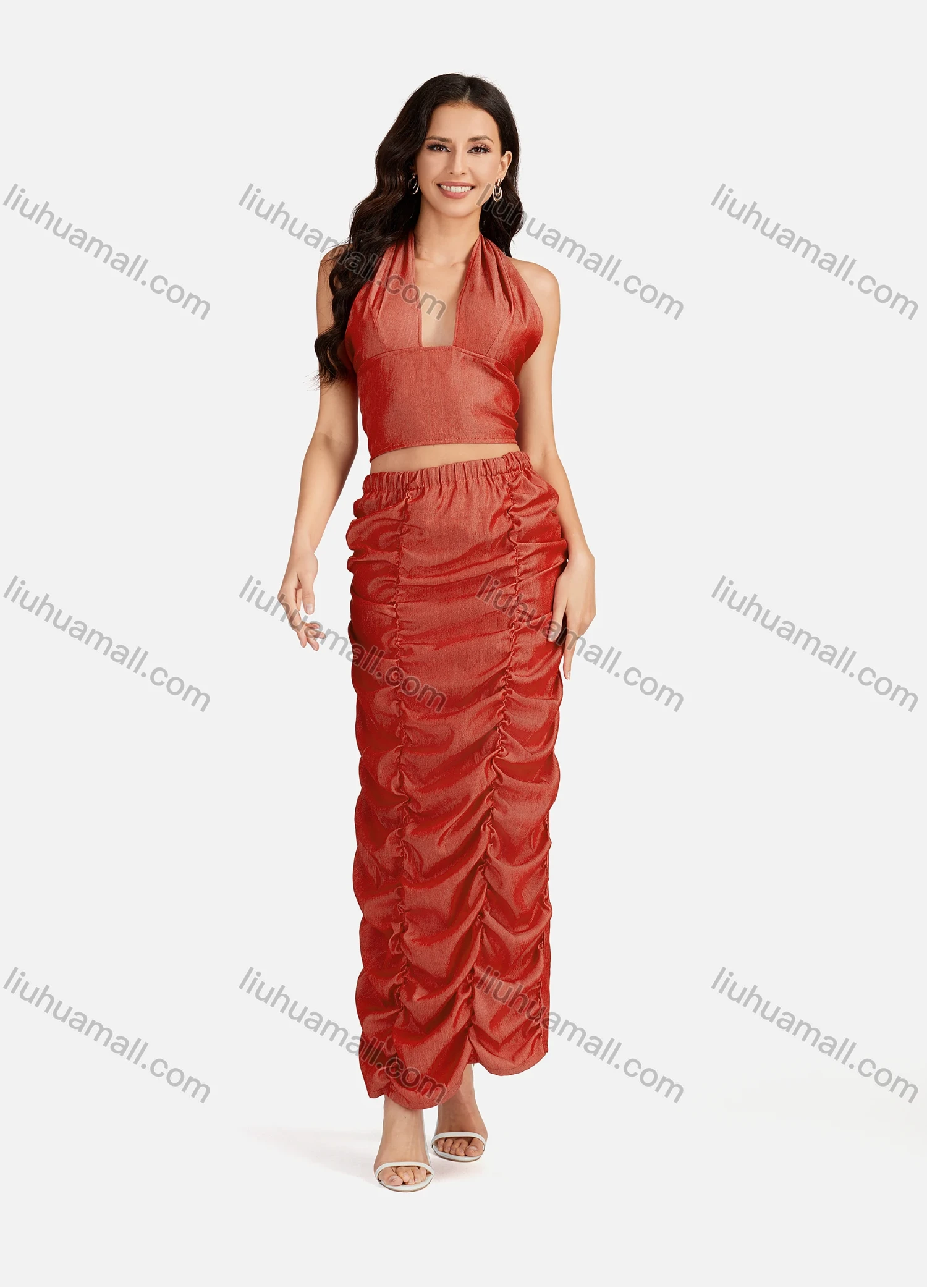 Wholesale Women's Sexy Plain Halter Open Back Zip Crop Top & Ruched Split Hem Maxi Skirt 2 Pieces Set - Liuhuamall