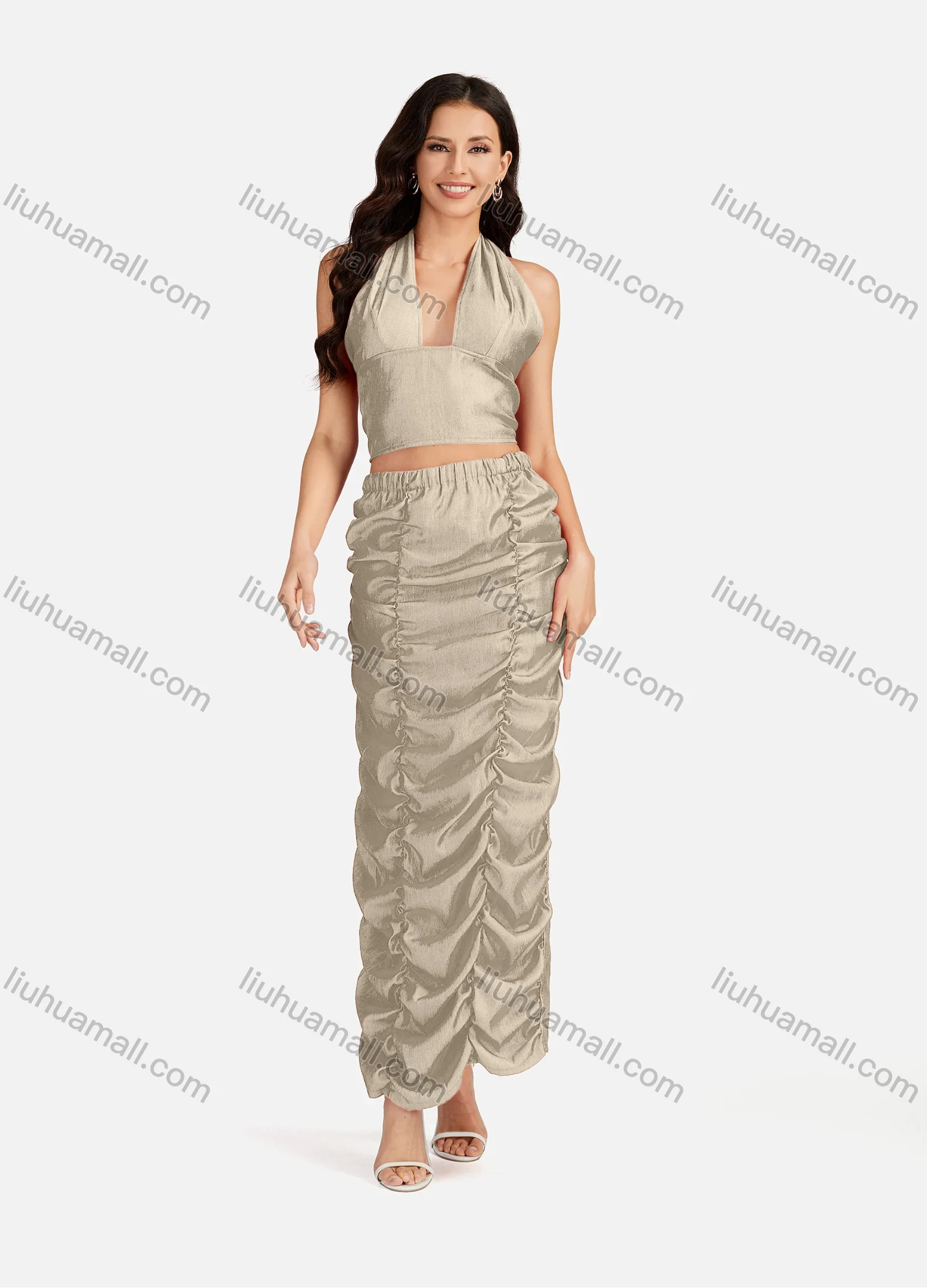 Wholesale Women's Sexy Plain Halter Open Back Zip Crop Top & Ruched Split Hem Maxi Skirt 2 Pieces Set - Liuhuamall