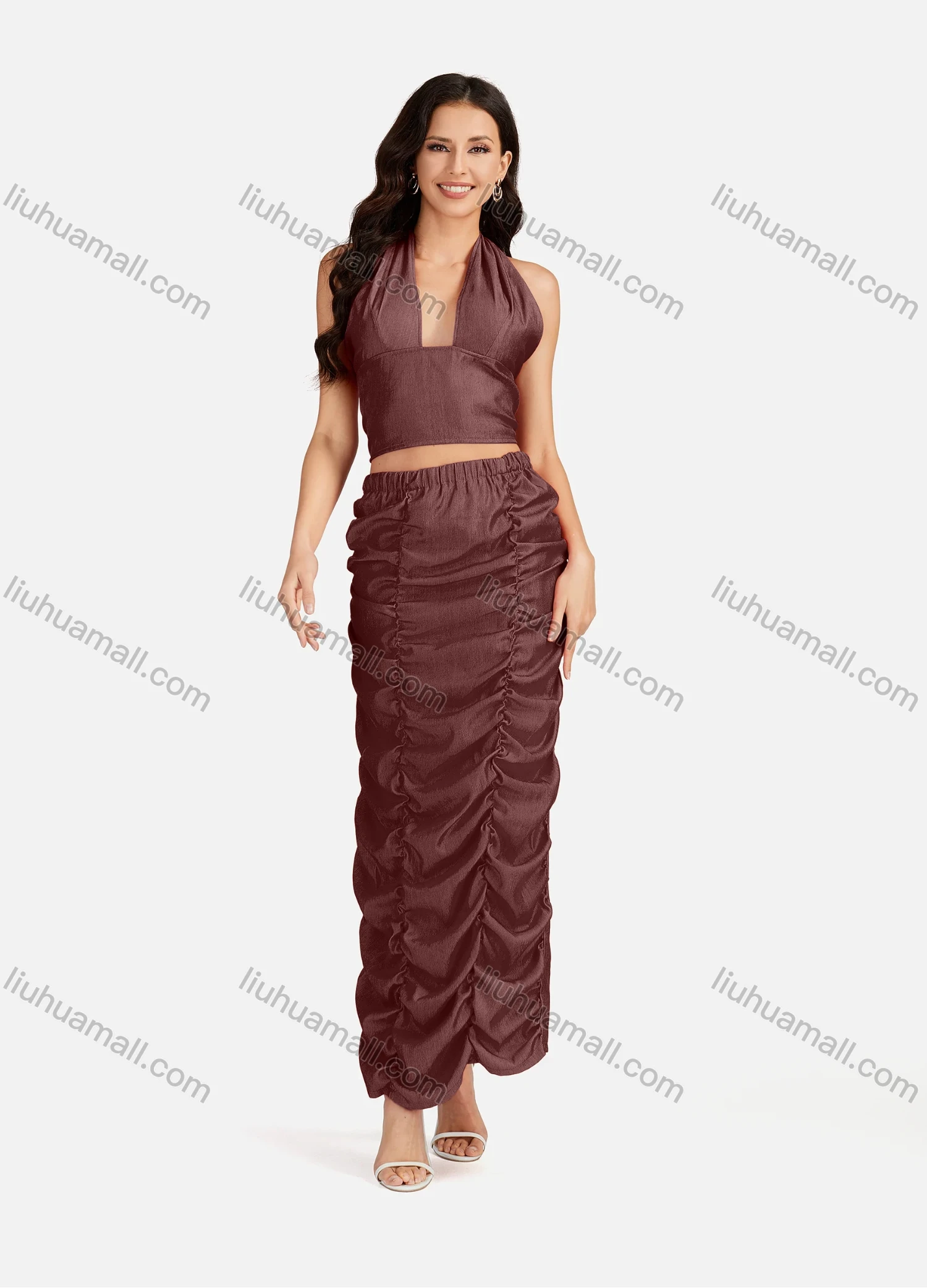 Wholesale Women's Sexy Plain Halter Open Back Zip Crop Top & Ruched Split Hem Maxi Skirt 2 Pieces Set - Liuhuamall